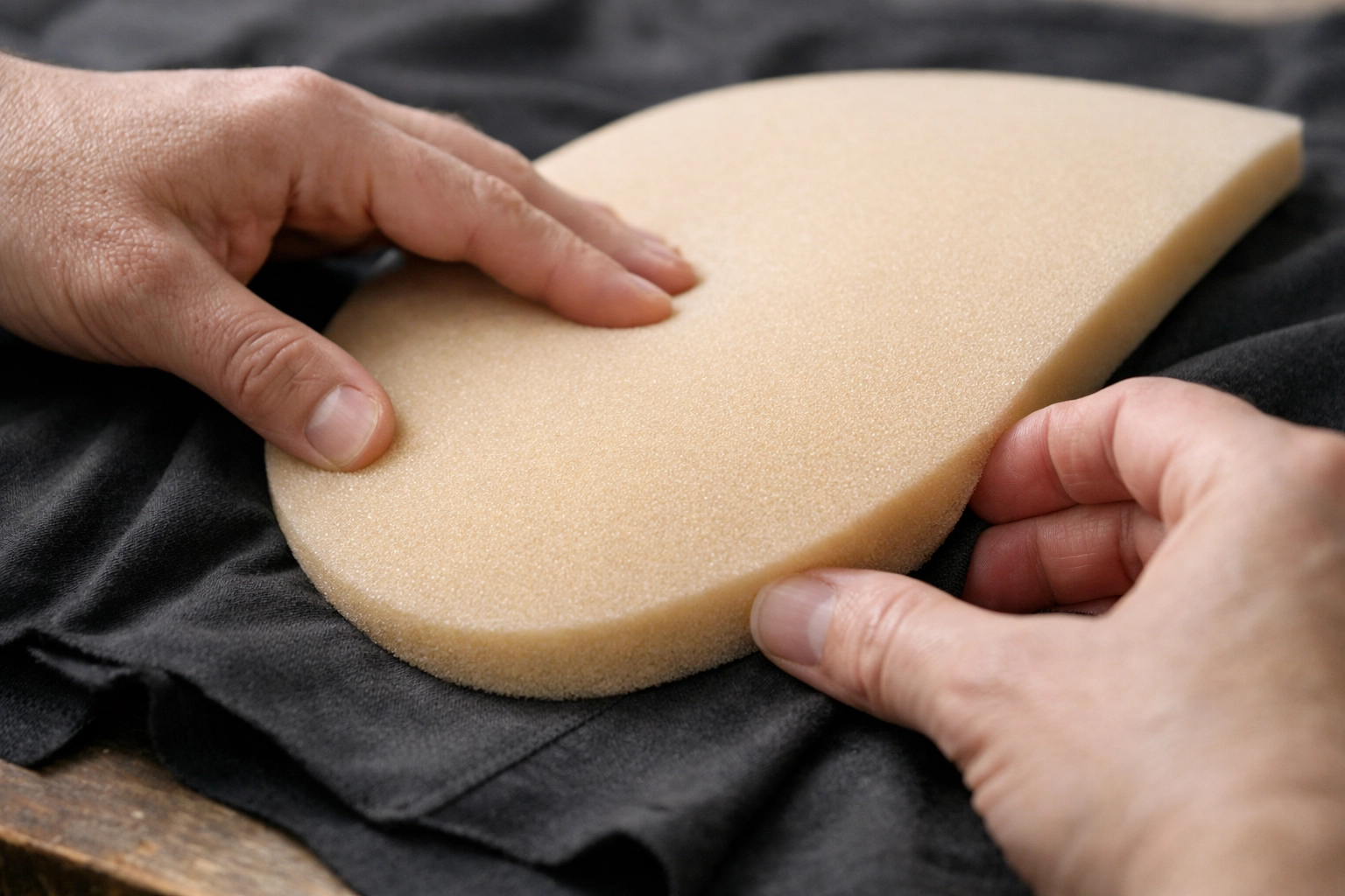 Hands positioning drag hip pad on fabric demonstrating precise placement technique