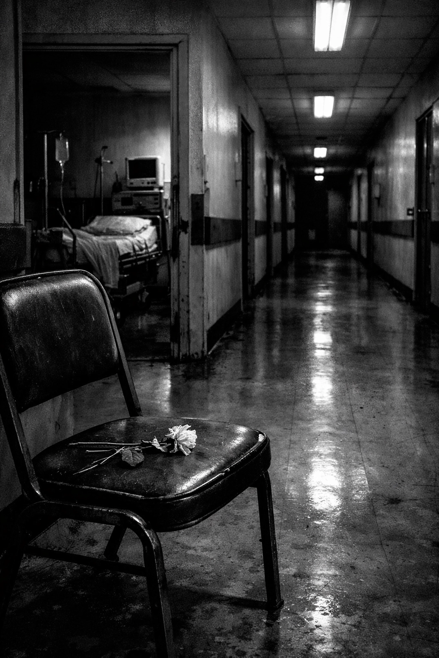 Empty 1980s hospital corridor during early AIDS crisis showing isolation and abandonment