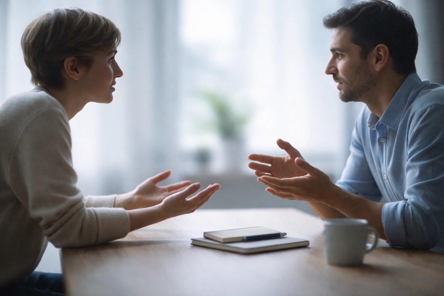 Two people having a calm, meaningful conversation to overcome relationship stressors and improve mentalization skills.