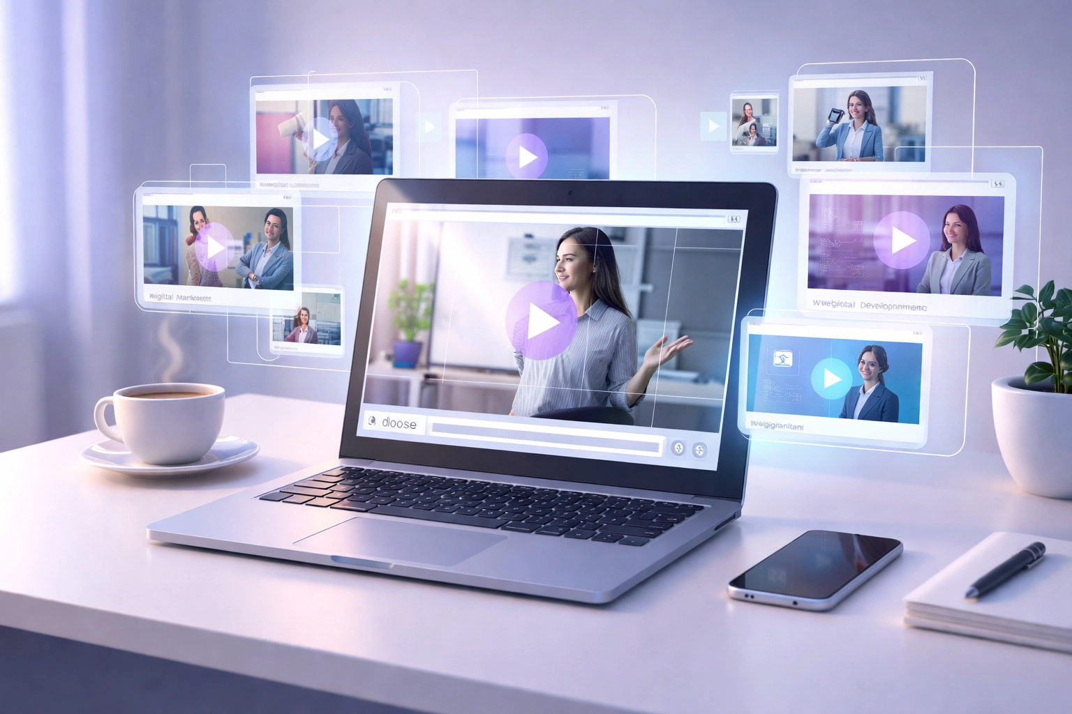 Modern workspace with laptop and digital course screens, illustrating online courses for passive income in 2026