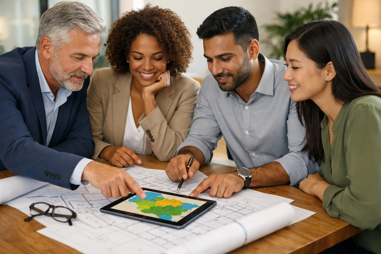 A diverse consulting team collaborating in a modern office on a global localization and market entry strategy.