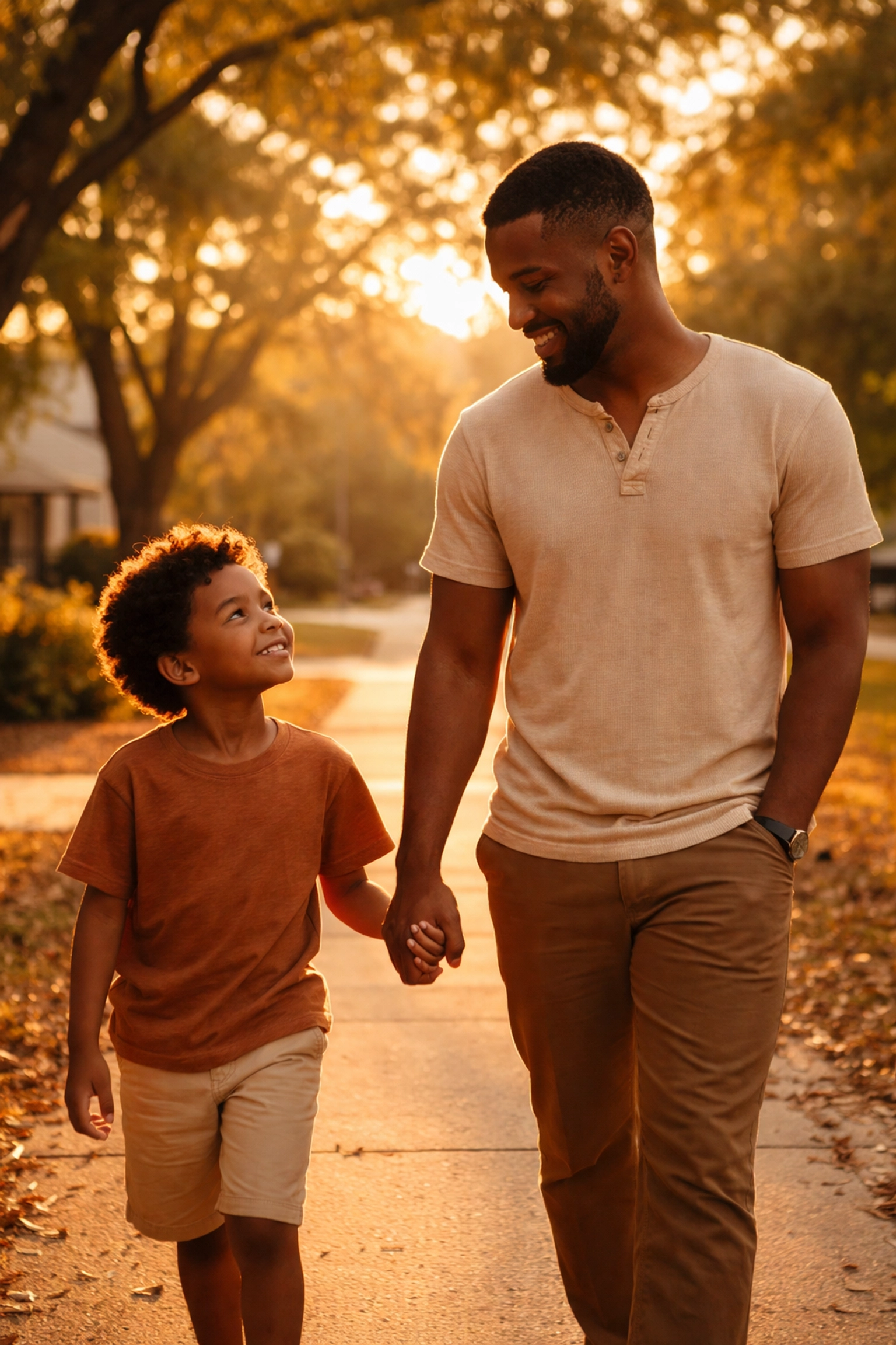 Black father and son walking in a southern neighborhood, illustrating generational healing