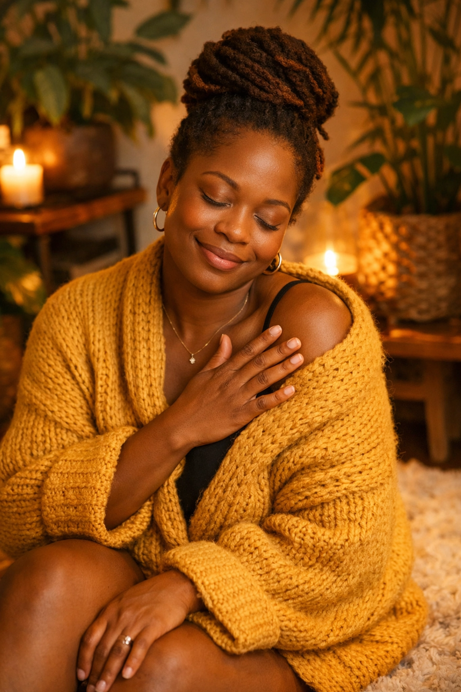 A woman practicing self-compassion and emotional safety to heal from past trauma.