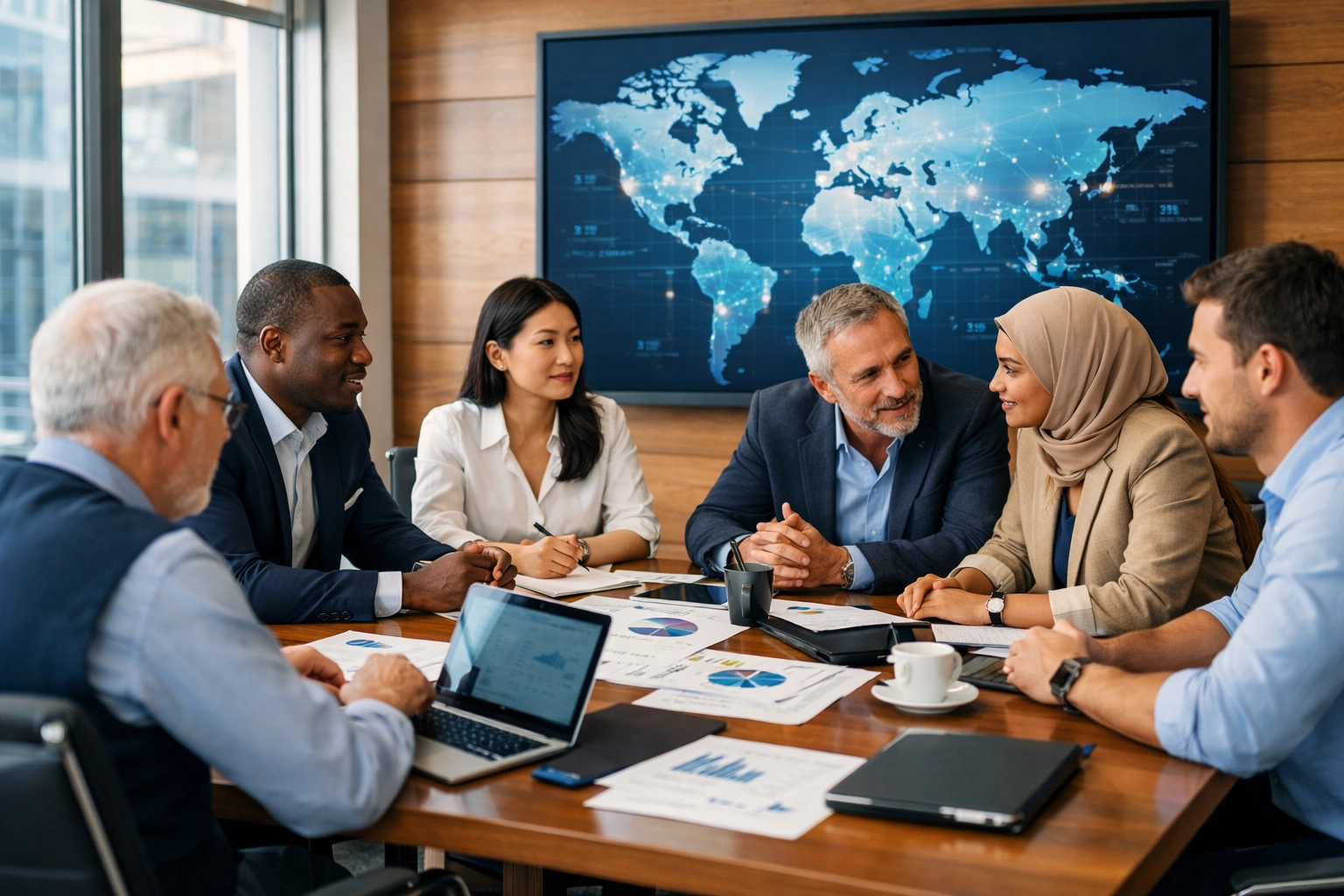 International consulting team collaborating on global media strategy with world map