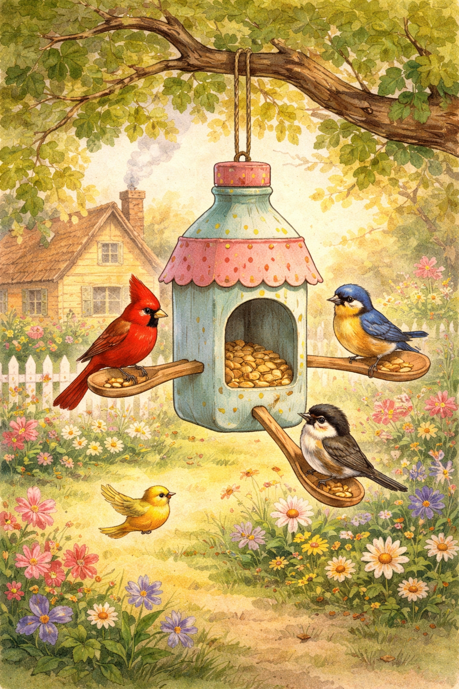 Backyard birds feeding from a recycled DIY milk jug bird feeder in a family garden, teaching kids sustainability.