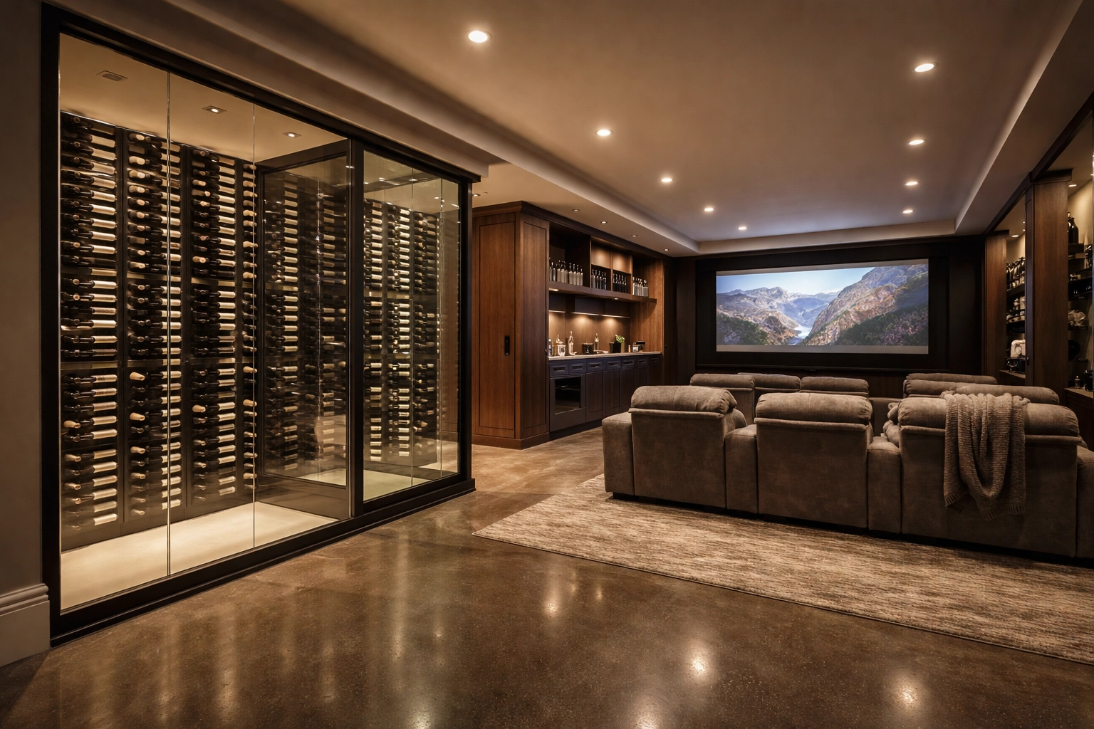 Finished luxury basement with wine cellar and theater in a high-end Connecticut home, emphasizing water backup insurance