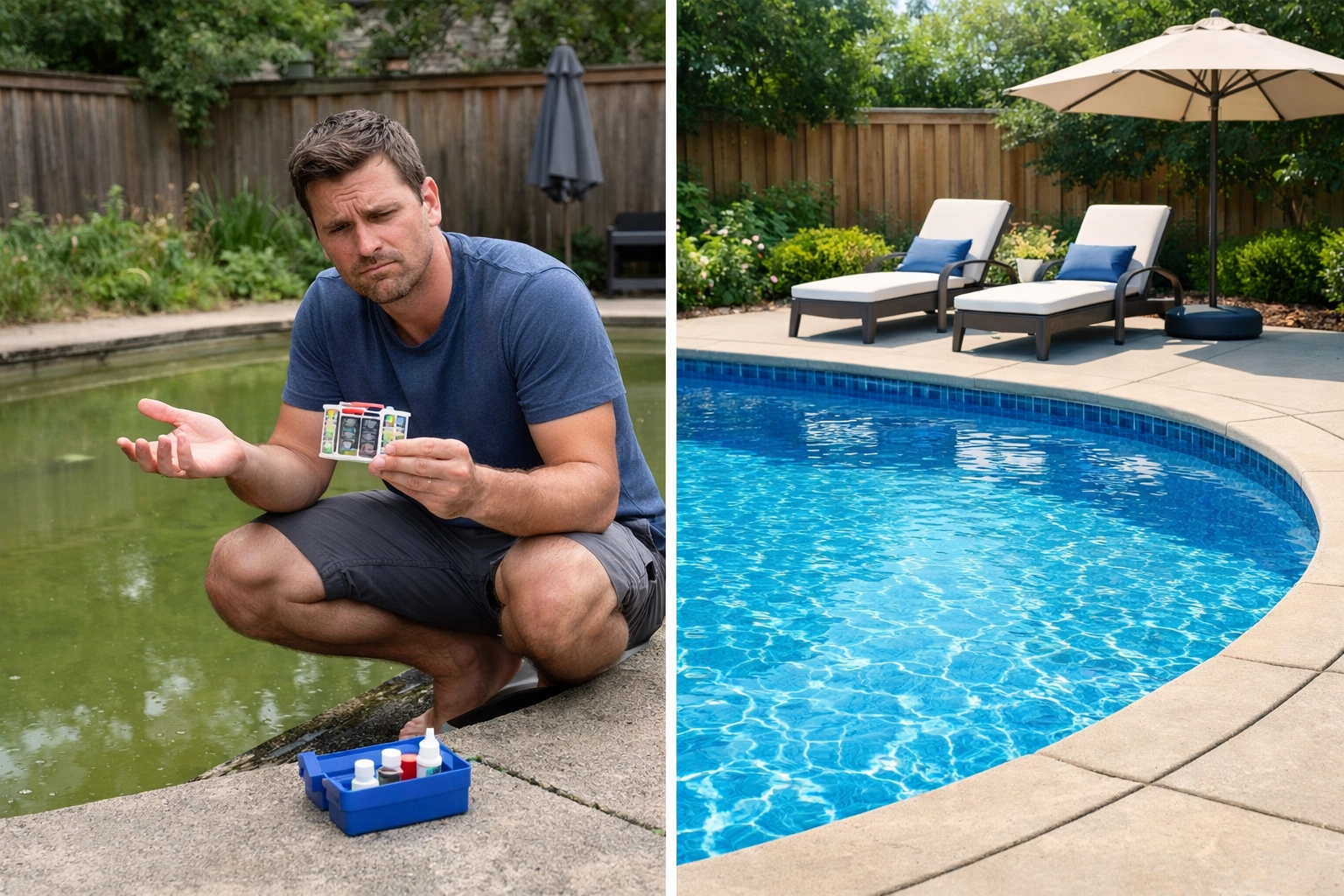 Comparison of cloudy pool from DIY mistakes versus crystal clear pool from professional service