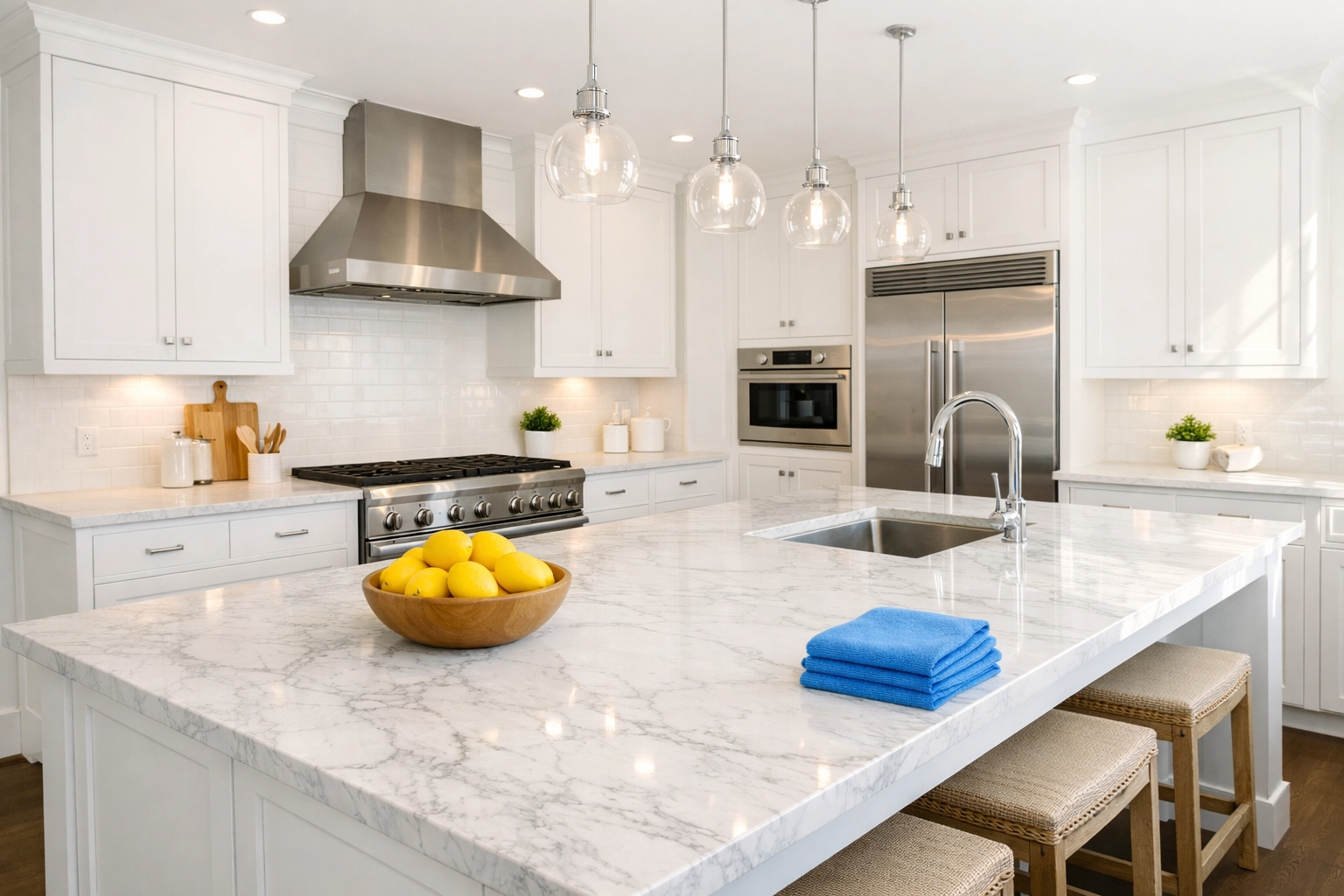 A spotless modern kitchen in Framingham with white cabinets and marble counters after a move-in cleaning.