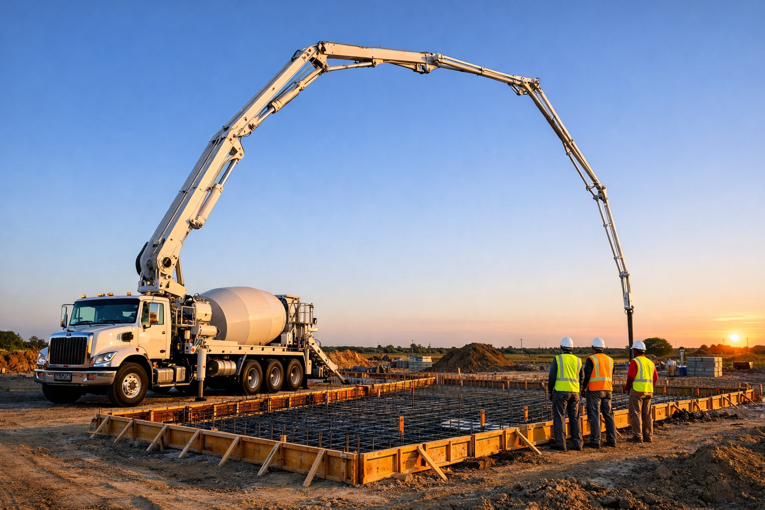 Professional boom pump truck delivering concrete for a commercial foundation project in Omaha and Grand Island.