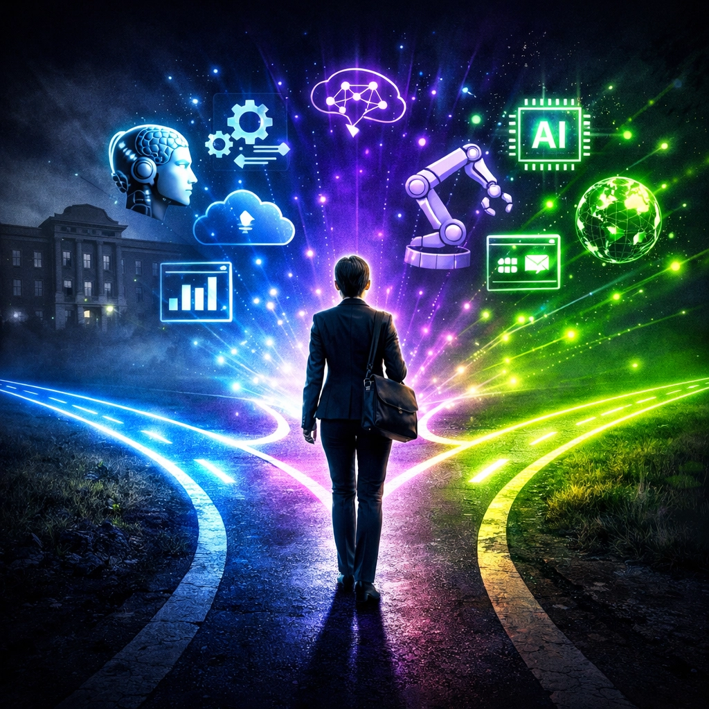 Graduate choosing between traditional university path and multiple AI career skill pathways