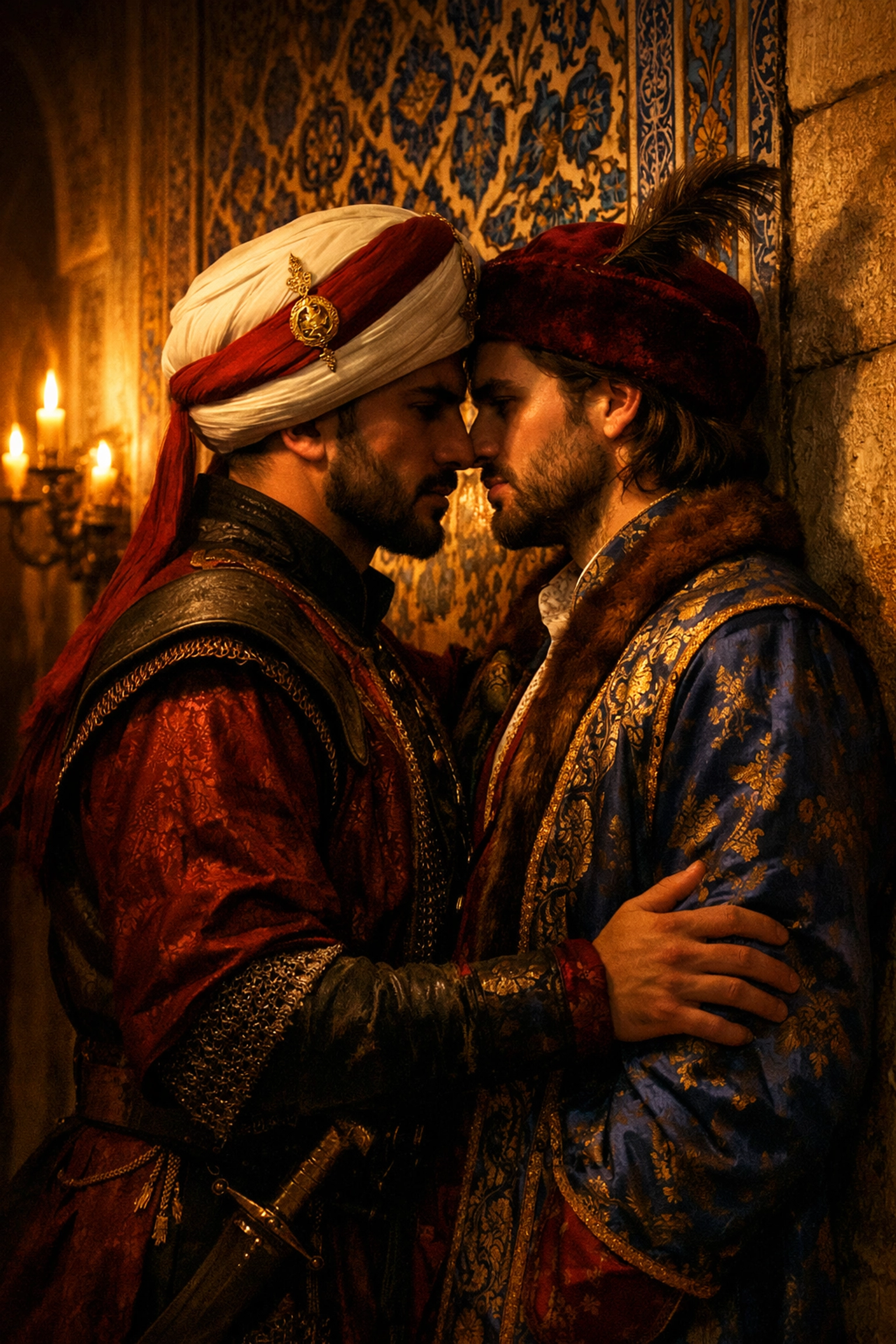 Two men in intimate moment in Ottoman palace corridor - forced proximity MM romance historical setting