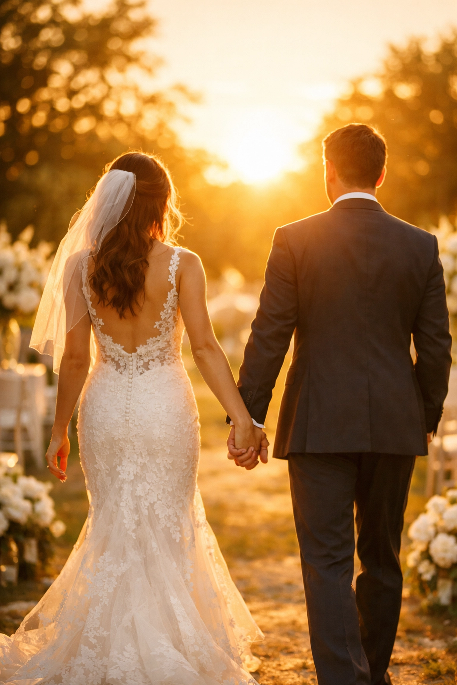 A happy newlywed couple celebrating their debt-free wedding in a sun-drenched outdoor venue.