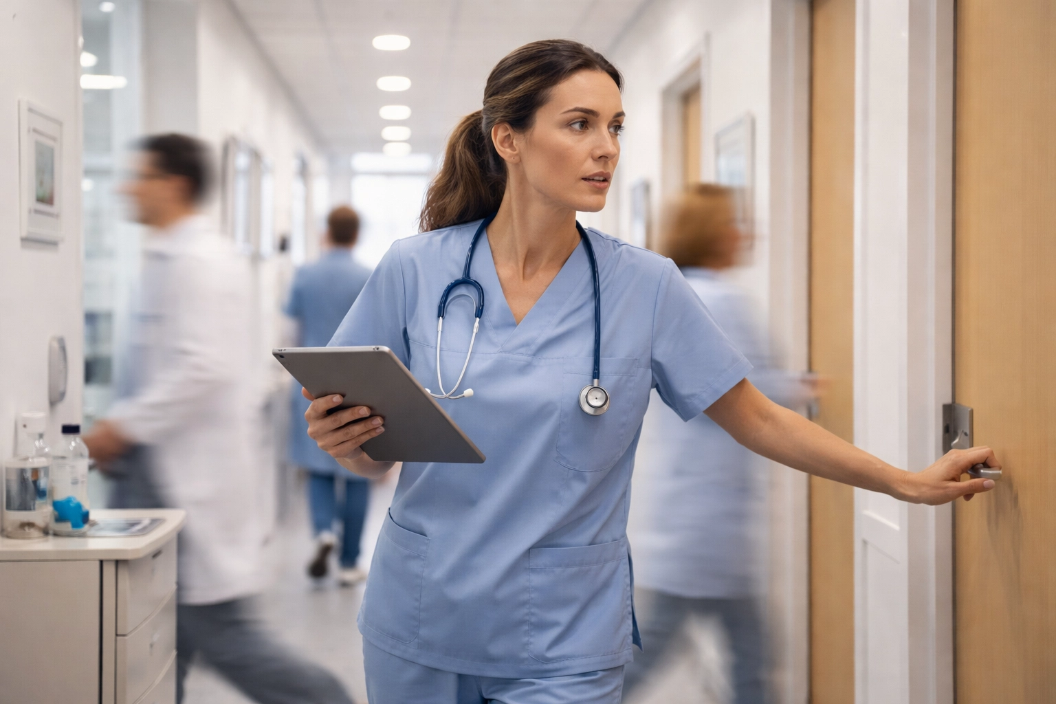 Overwhelmed nurse practitioner balancing patient care with clinical documentation demands in busy clinic