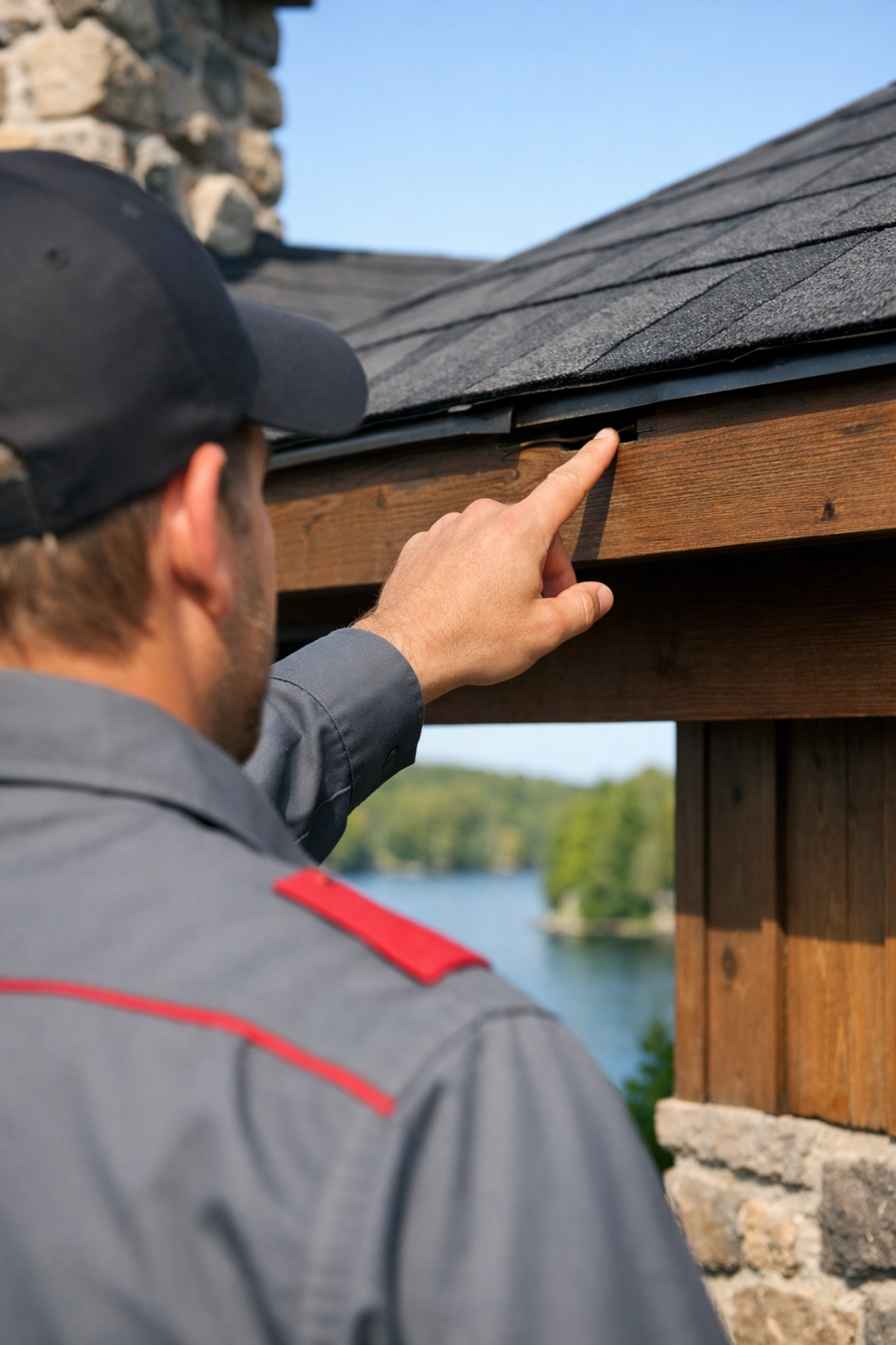 A wildlife control expert inspecting a cottage roofline for potential pest entry points in Ontario.