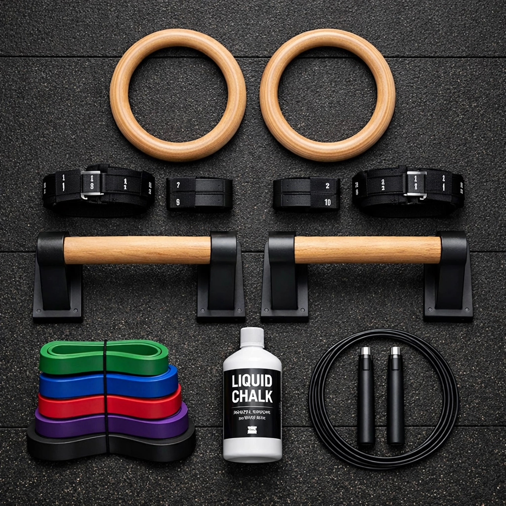 Essential calisthenics equipment for home including gymnastic rings, parallettes, and resistance bands.