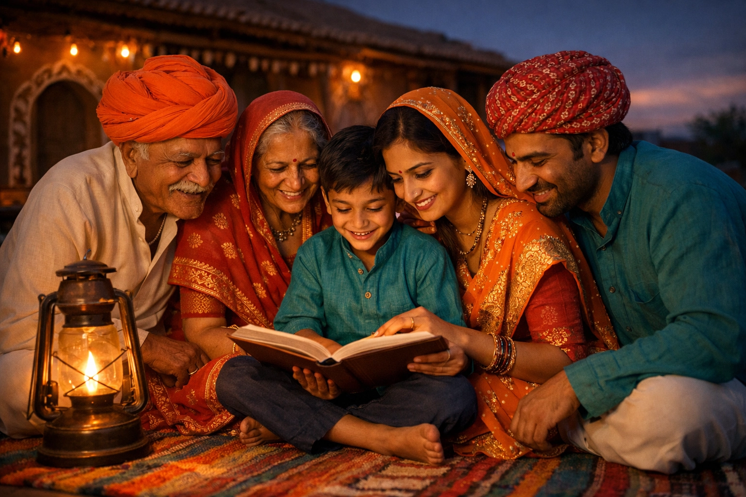 An Indian family in Rajasthan gathers at dusk to read the new Hadoti Bible translation together by lantern light.