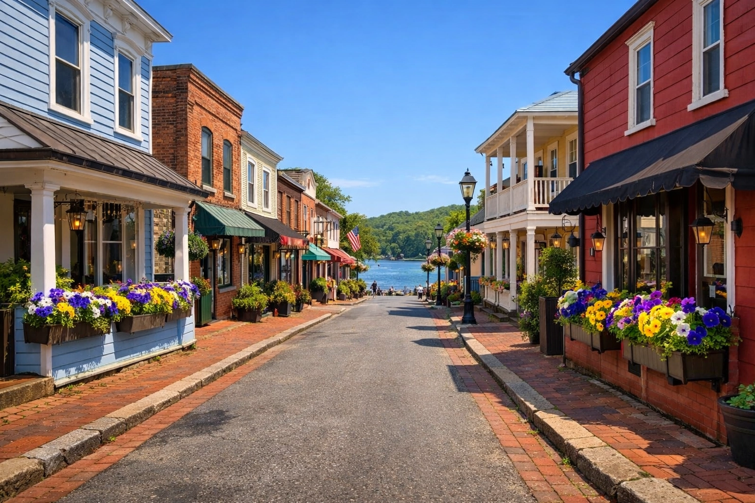 Historic storefronts and brick sidewalks in the charming riverside town of Occoquan, Virginia.