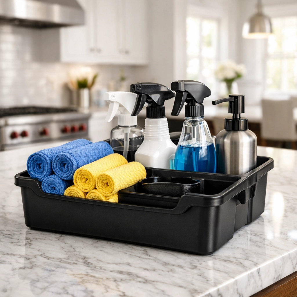 Professional House Cleaning Ashby MA supplies in a bright, modern kitchen.