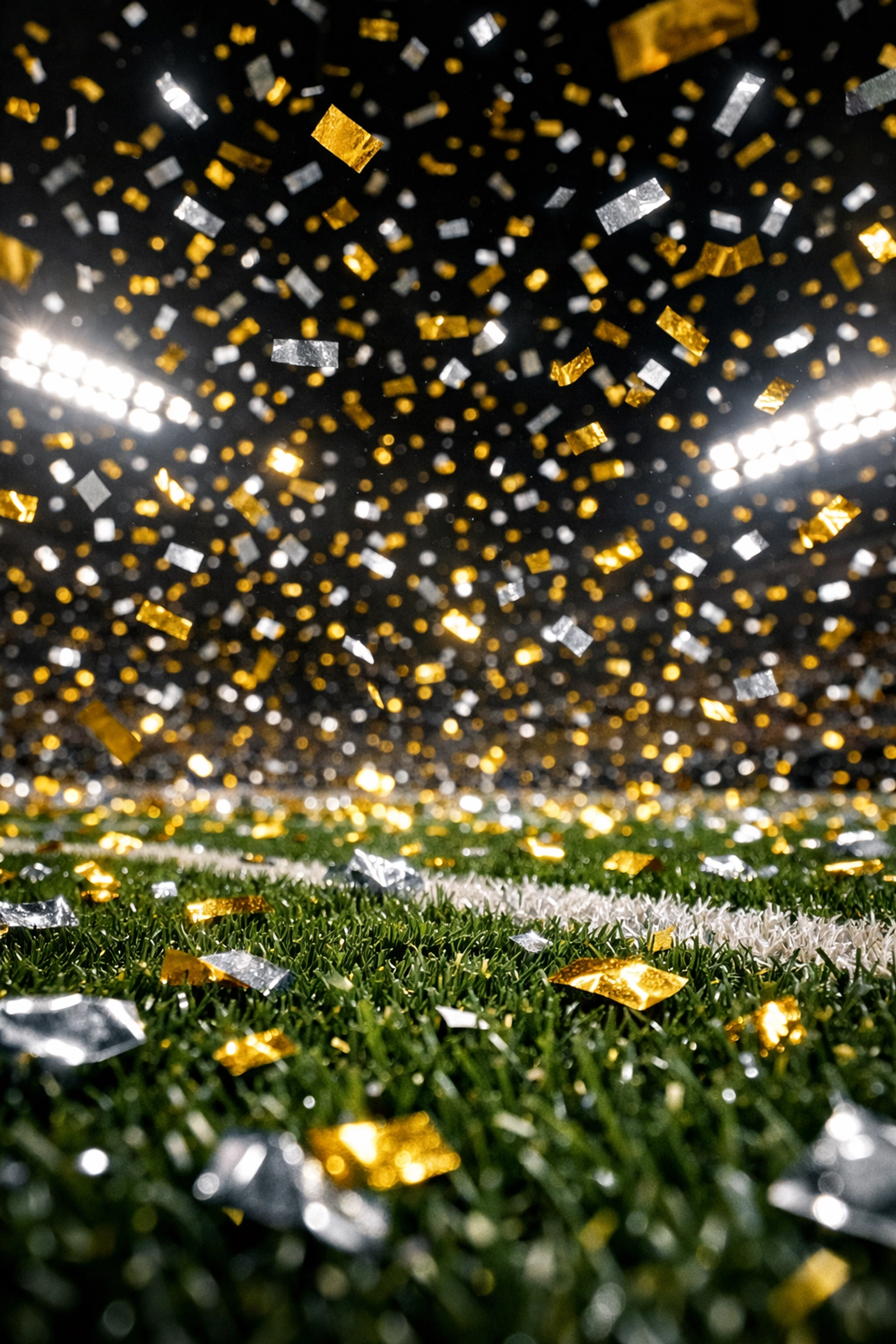 Metallic confetti falling on a professional football field at night after a championship game.