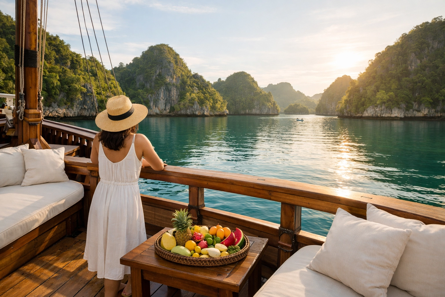 Luxury Phinisi schooner deck overlooking the limestone karsts of Raja Ampat during a private scuba diving trip.