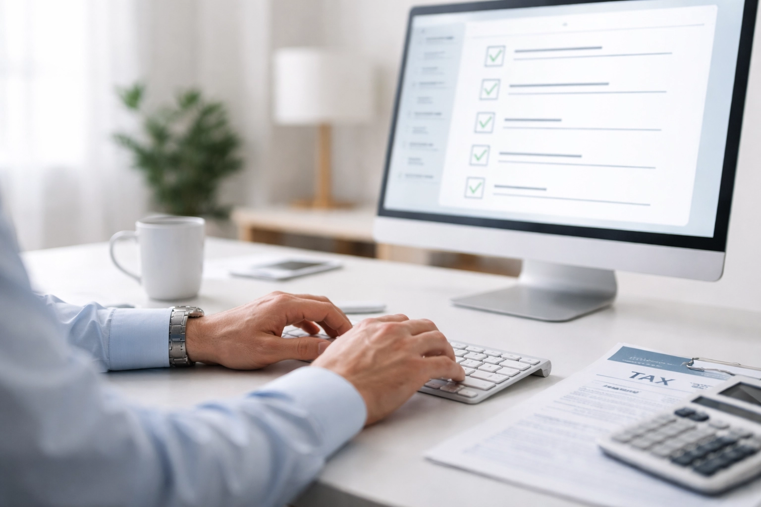Tax preparer entering checklist on keyboard in organized home office for 2026 software verification
