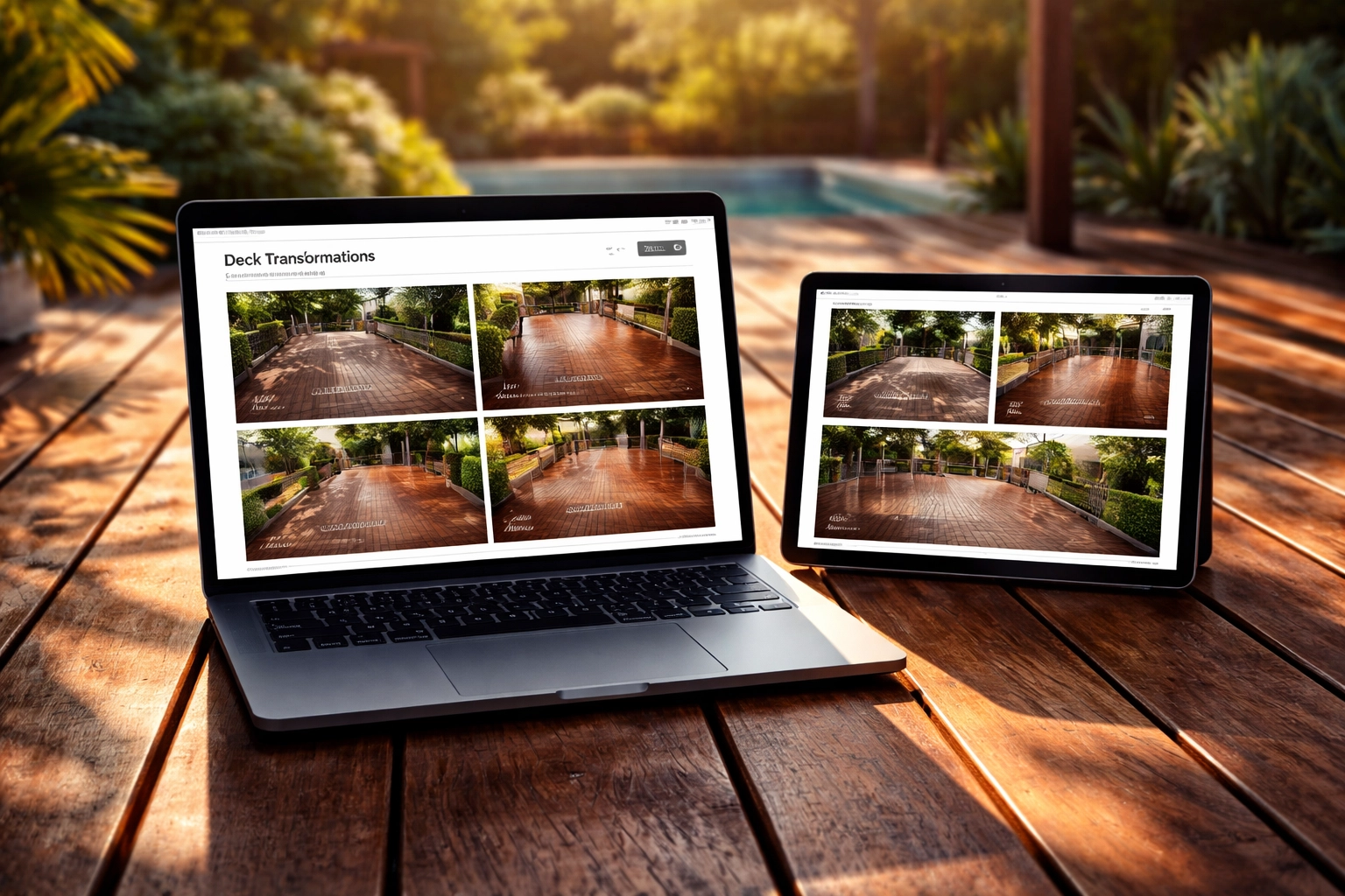 Laptop and tablet showing deck renovation galleries on timber decking, highlighting Brisbane decking website updates