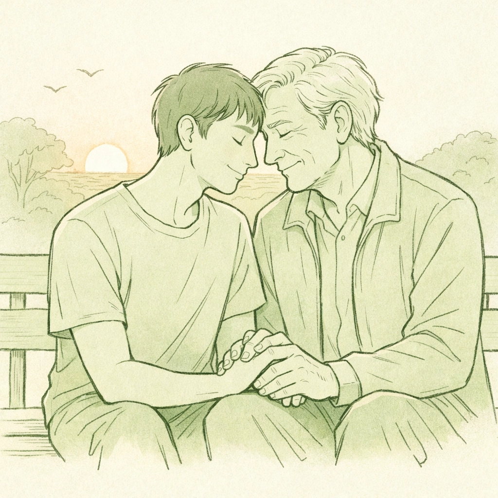 Young and elderly gay men embracing on park bench - extreme age gap MM romance illustration