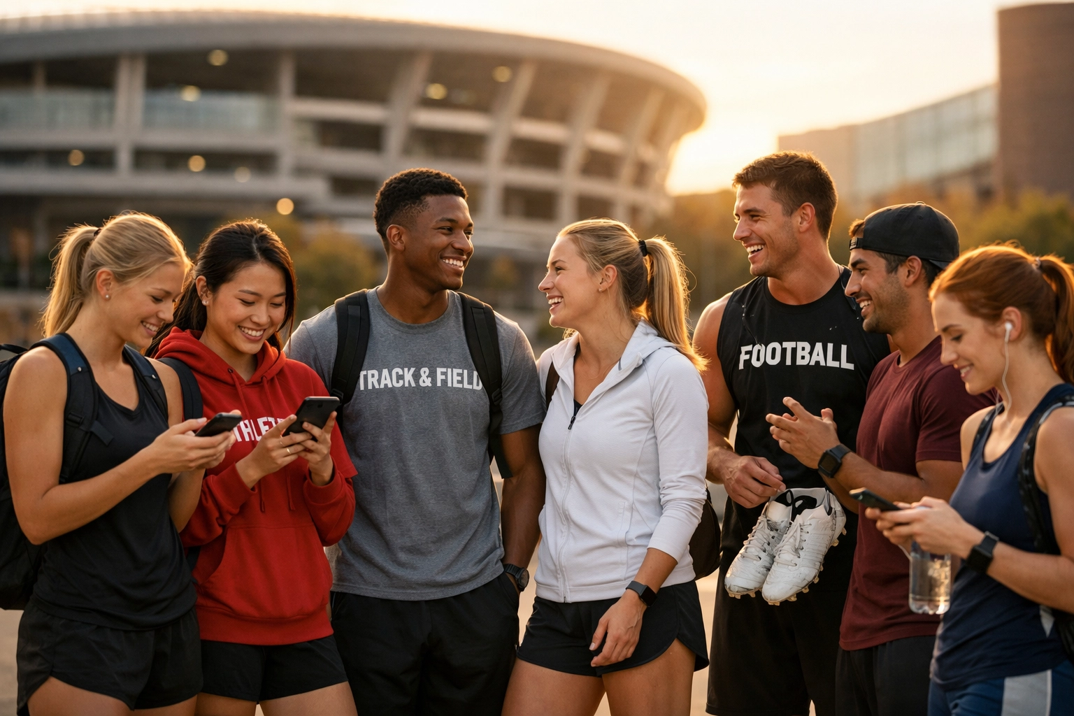 A group of student-athletes using mobile devices to share authentic brand messages for NIL campaigns.
