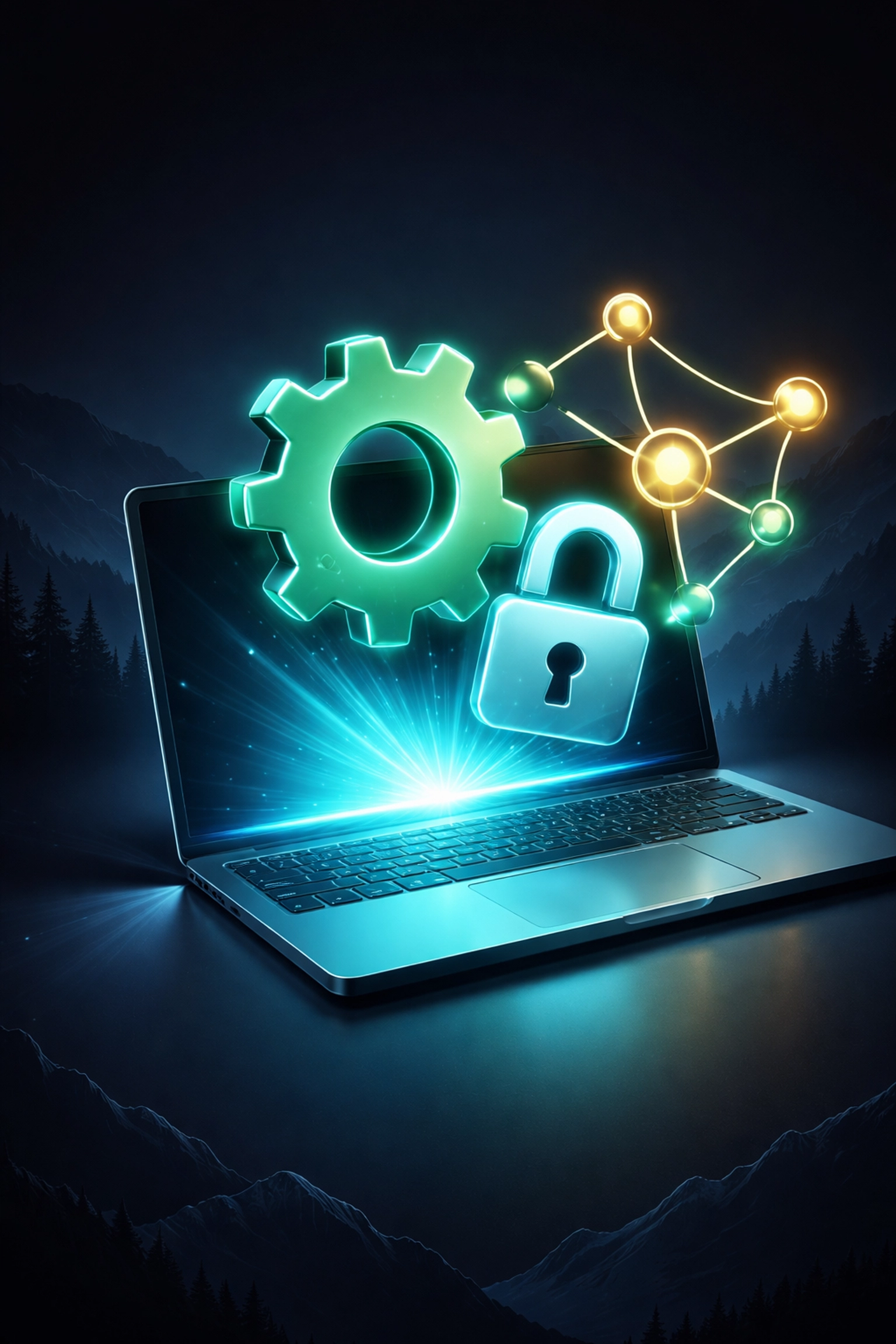 Open-source software symbols rising from a laptop, symbolizing innovation and IT cost savings in Montana