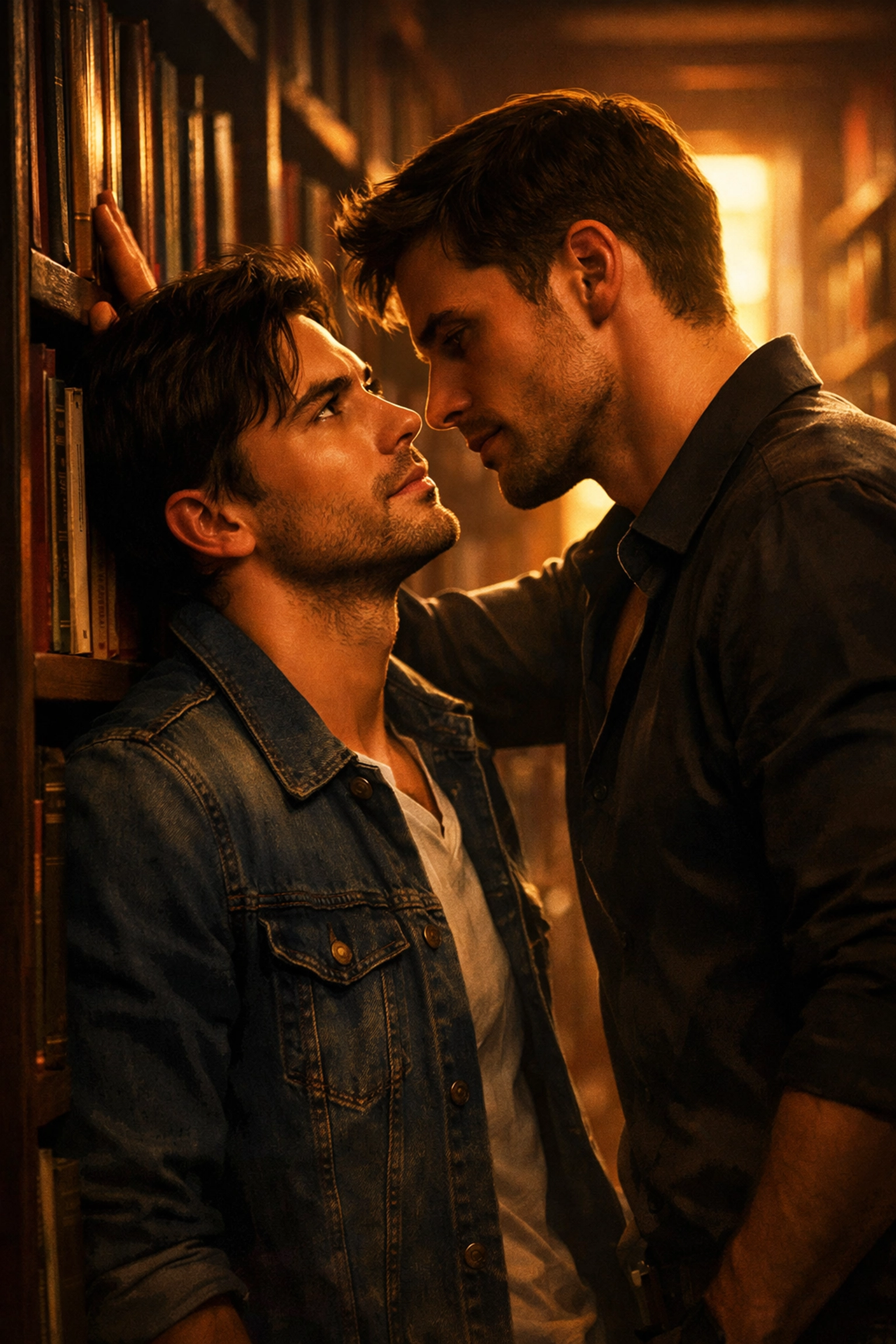 Romantic slow burn scene between two men in a library, a popular trope in MM romance novels.