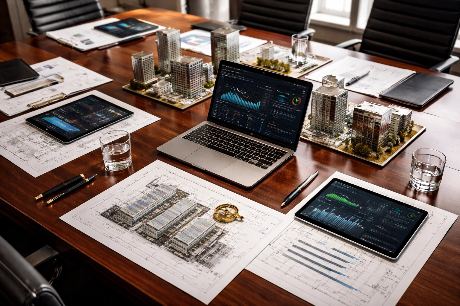 Executive boardroom with real estate documents and digital asset charts representing integrated portfolio management