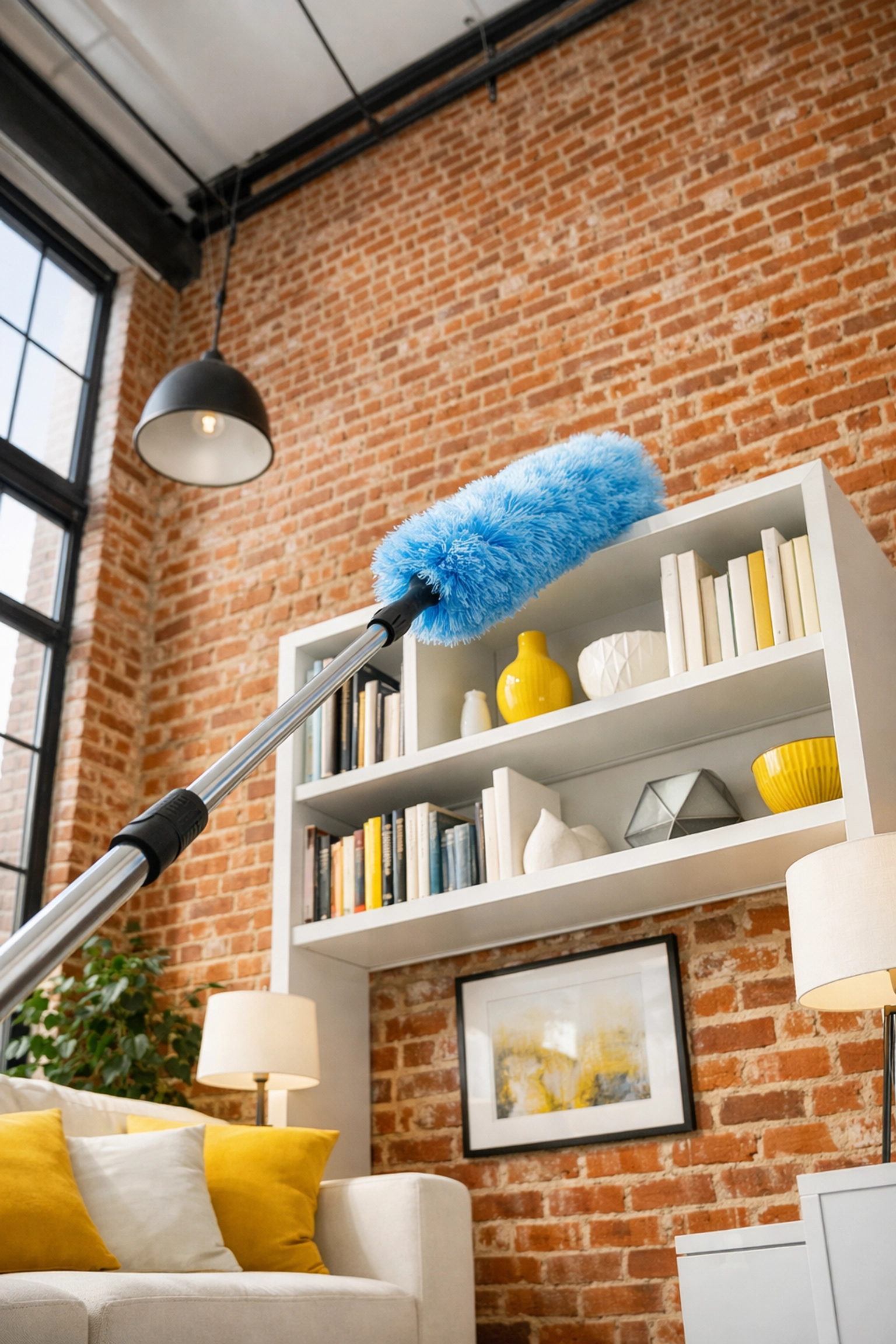 Top-to-bottom house cleaning Lowell MA strategy shown by dusting high bookshelves in a modern loft.