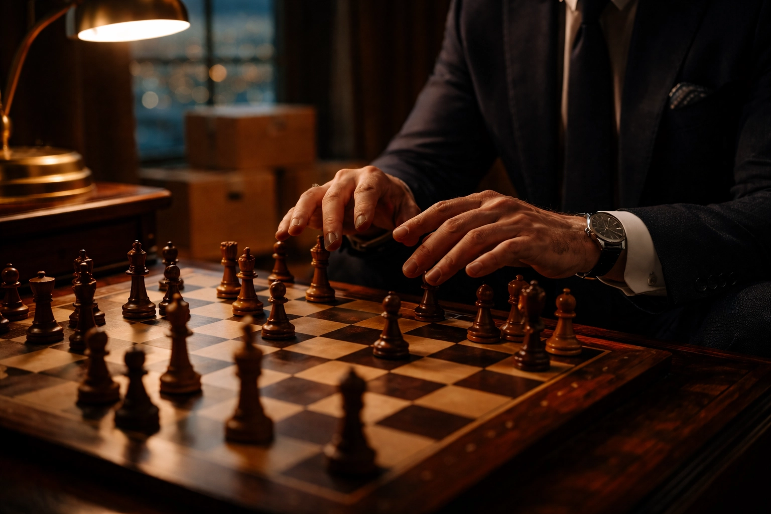 Executive pausing over a chessboard during life transition, representing analysis paralysis and strategic hesitation.