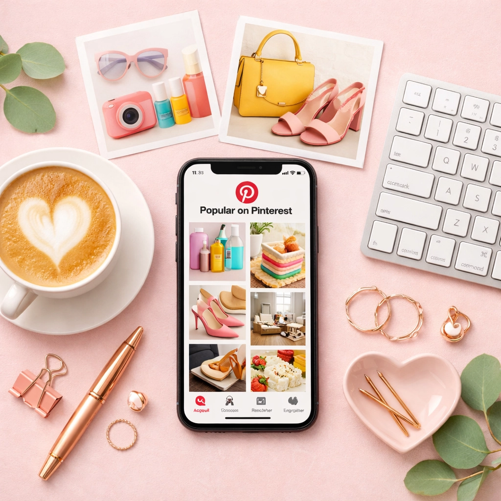 Interface Pinterest sur smartphone entourée d'accessoires lifestyle pour illustrer le shopping visuel