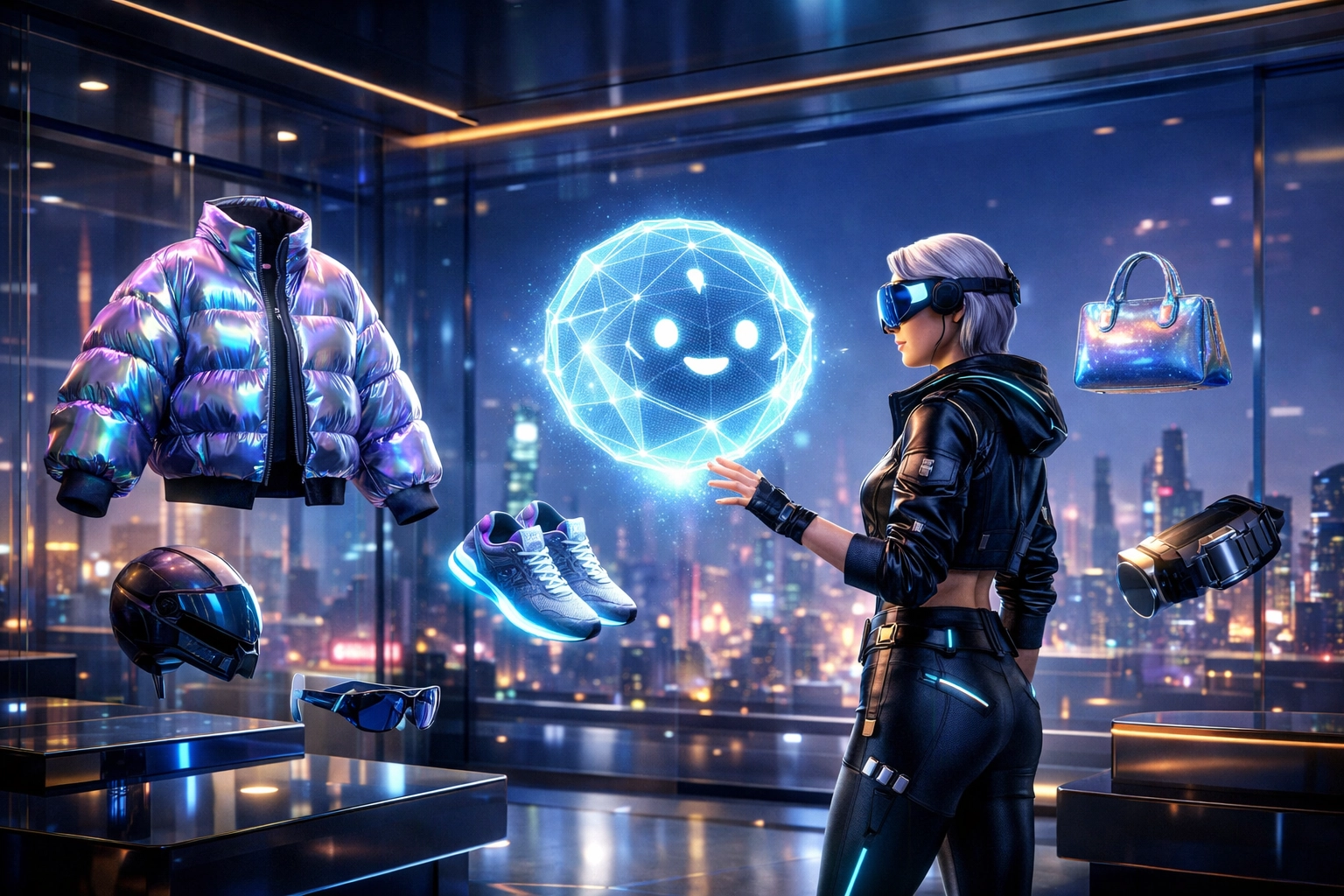 Larecoin AI shopping assistant helping a user browse digital fashion in a high-tech metaverse boutique.