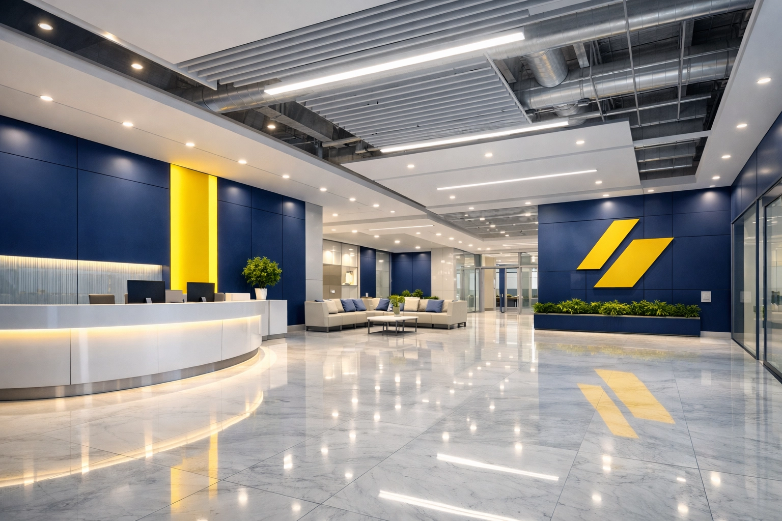 Immaculate commercial lobby with polished marble floors, showcasing expert post-construction cleaning in Massachusetts.