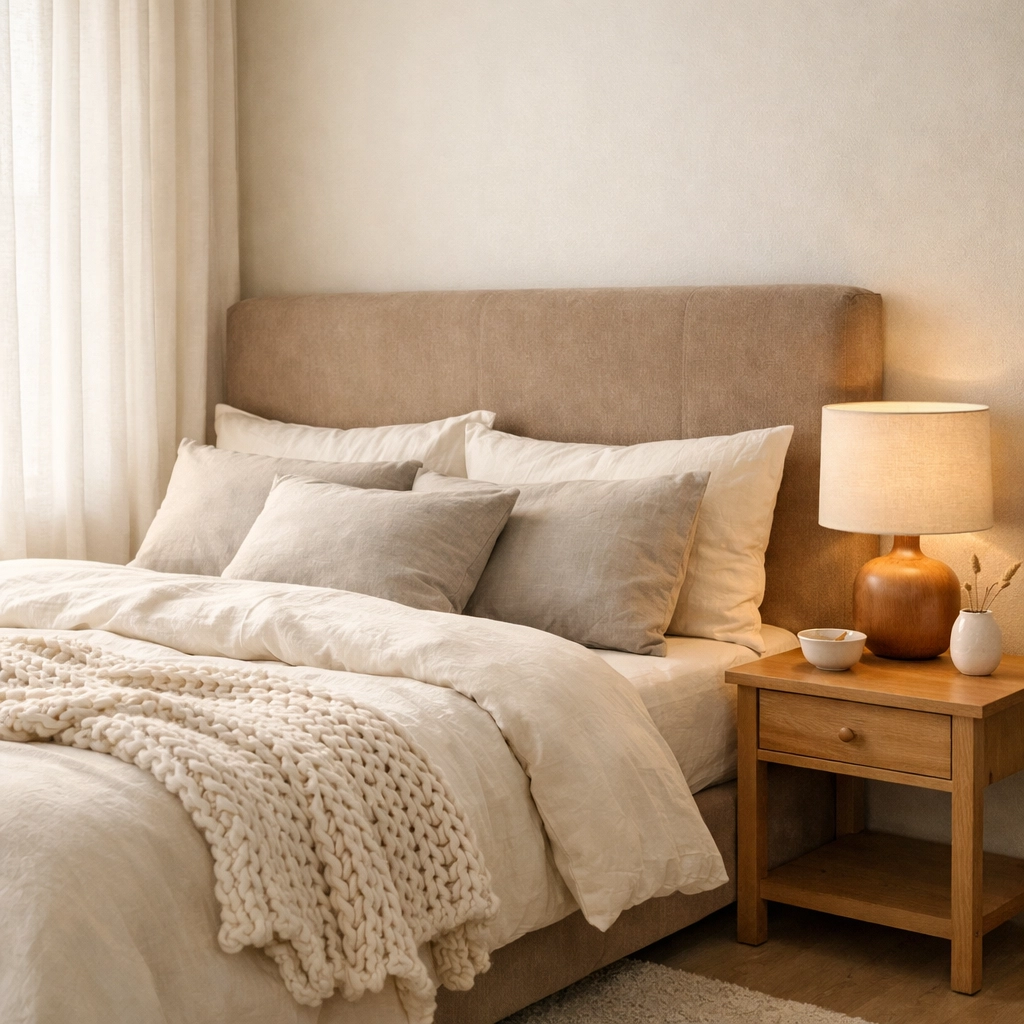 Modern bedroom sanctuary with natural light and layered bedding in Derby interior design style