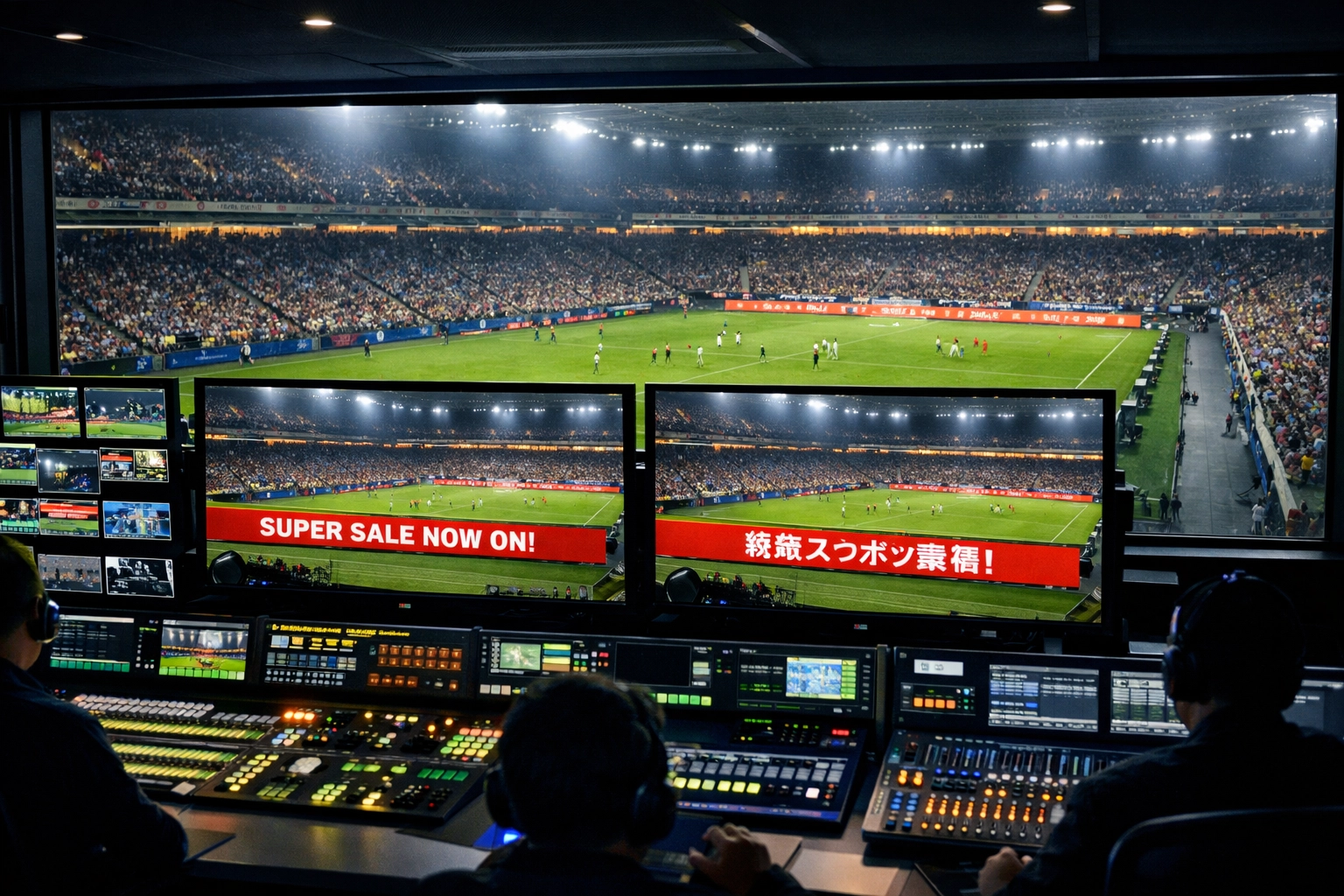 Dakdan Worldwide team managing localized virtual signage for global sports advertising in a control room.