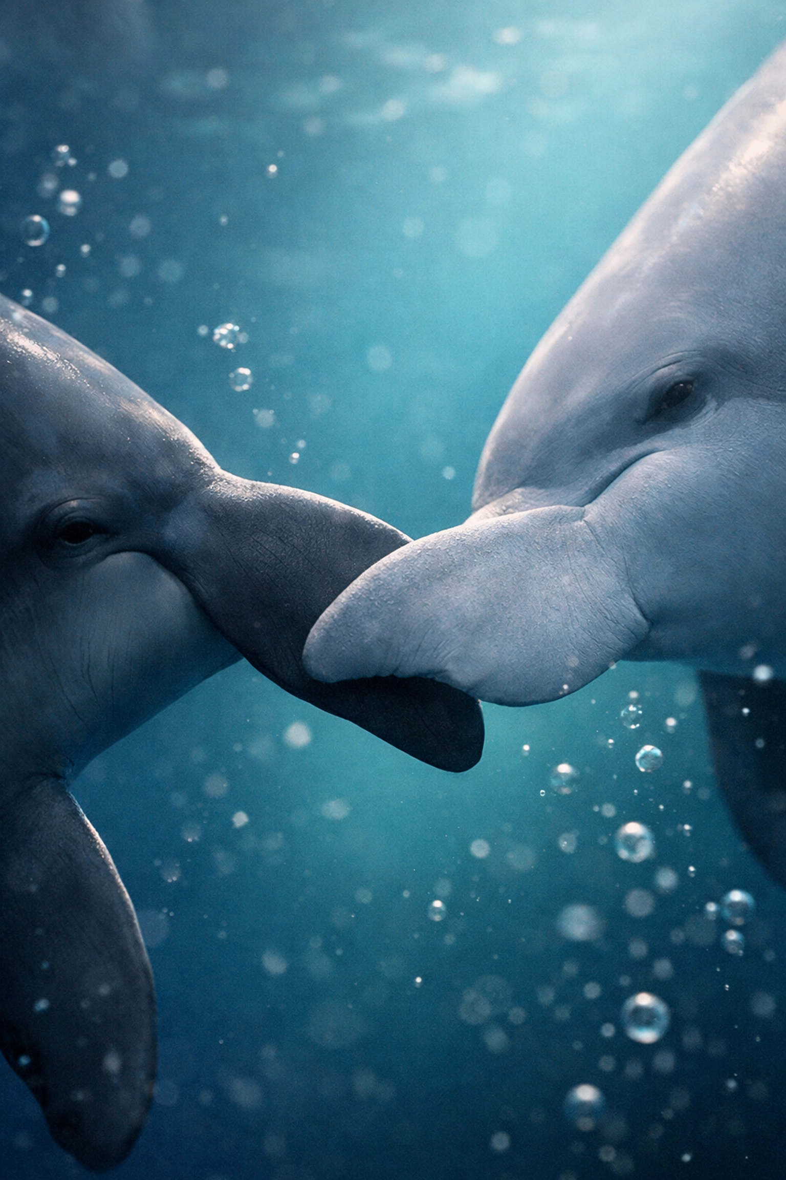 Close-up of two male dolphins touching fins, showing the deep social bonds often explored in queer fiction.