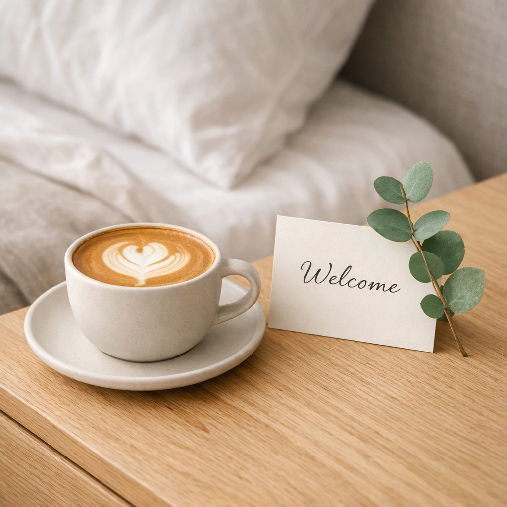 Minimalist hotel bedside table with coffee and a welcome card reflecting personalized guest service.