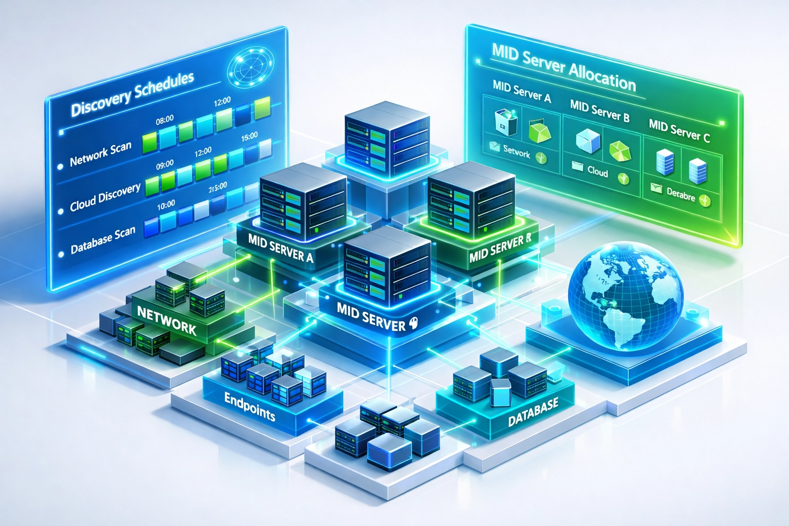 ServiceNow ITOM unified discovery governance dashboard with coordinated MID servers and schedules
