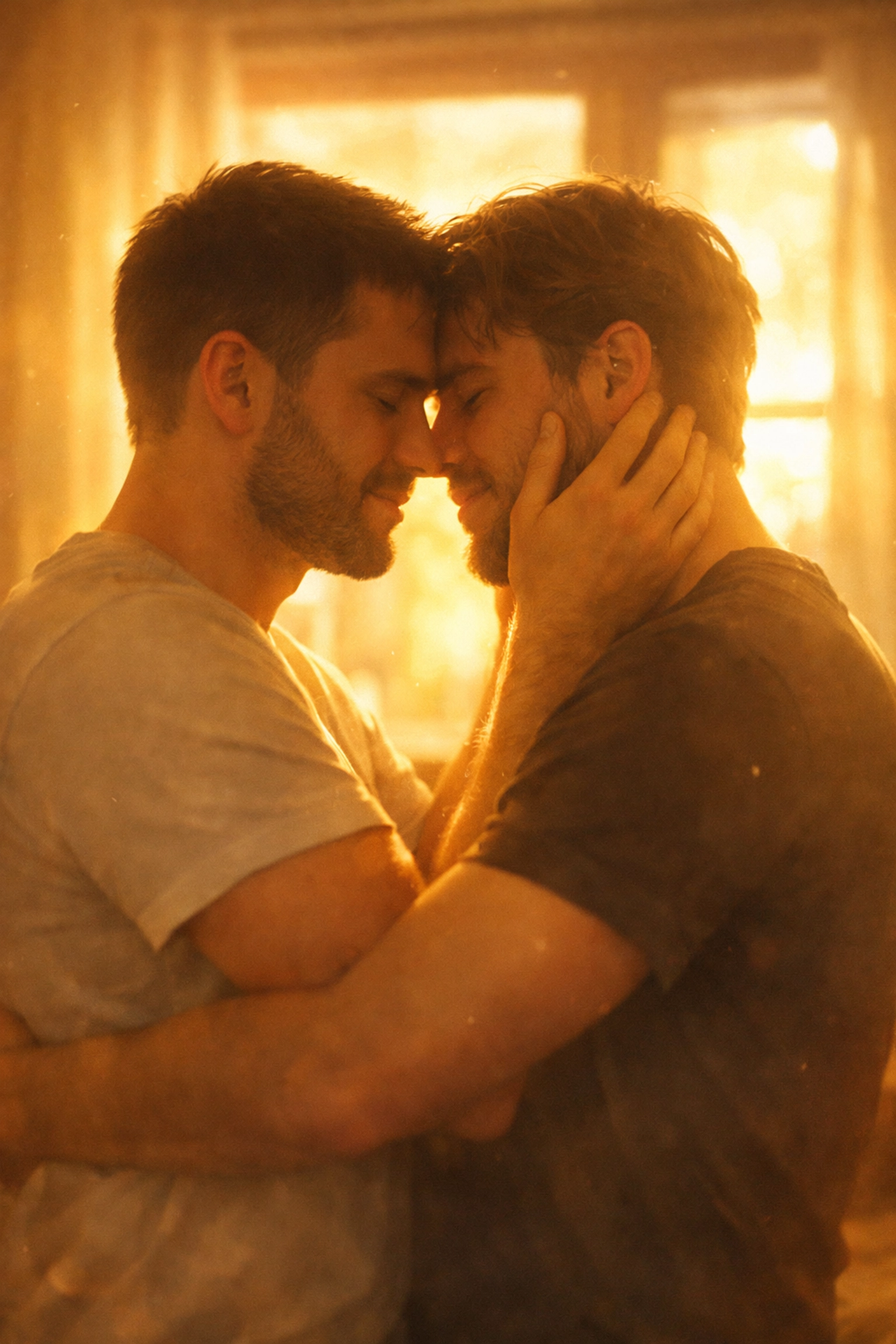 Two men embracing showing friends to lovers transition in MM romance novel scene