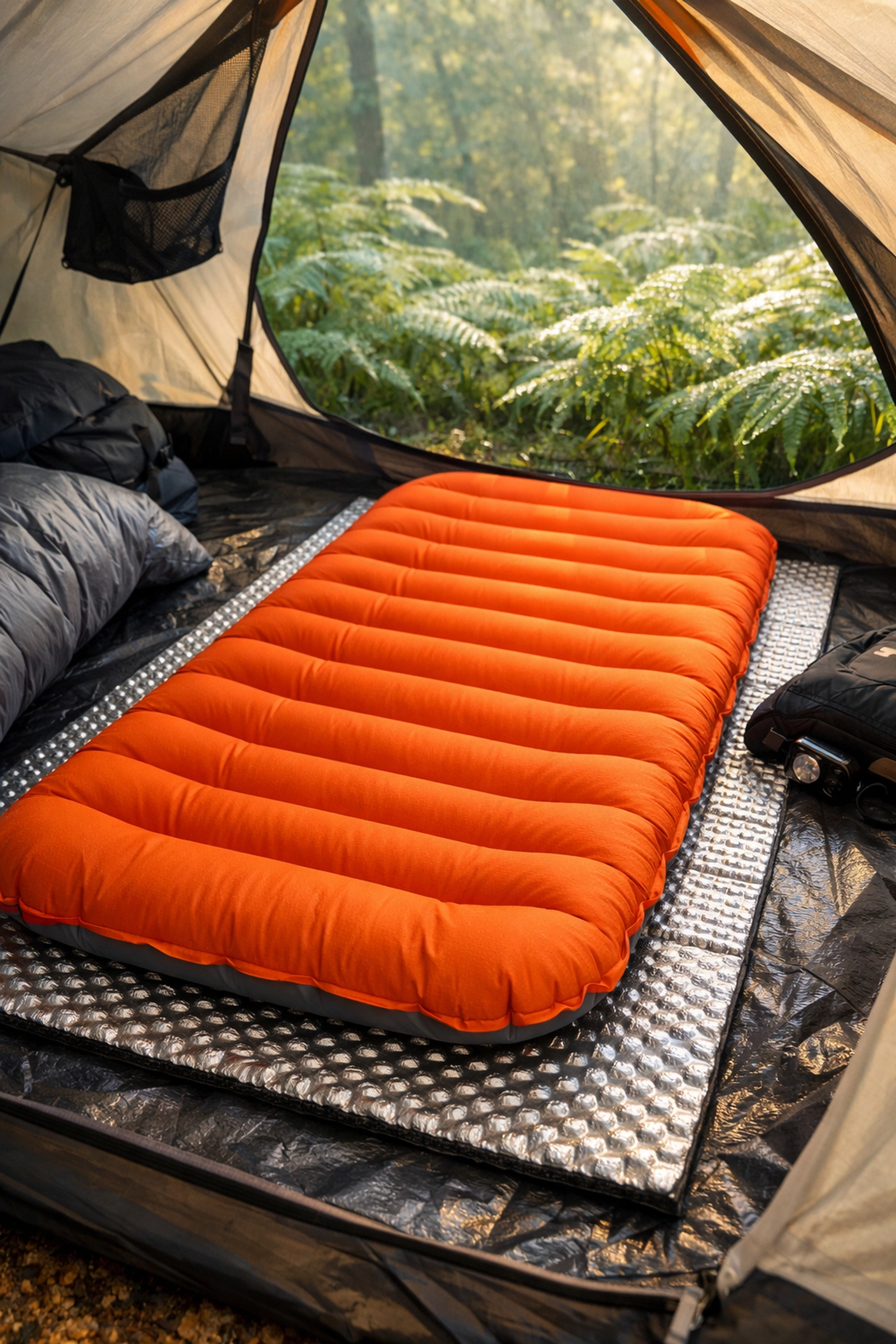 Orange camping sleeping mat on a reflective foam pad inside a tent for ground insulation in the UK.
