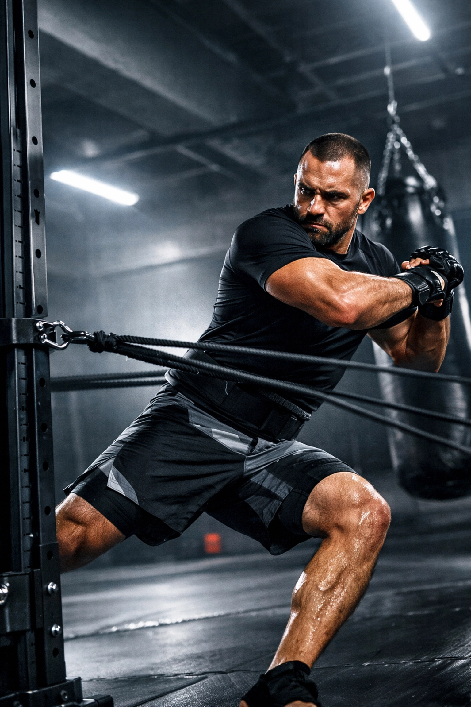 MMA fighter using a floor to ceiling gym rail for explosive resistance training at home.