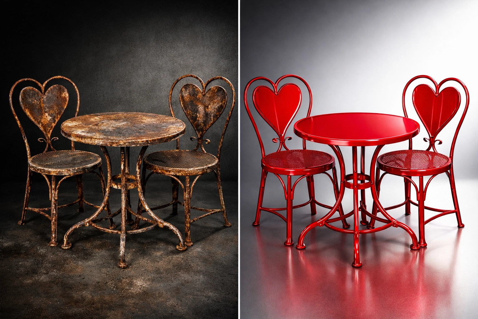 Before and after comparison of rusty patio furniture transformed by powder coating