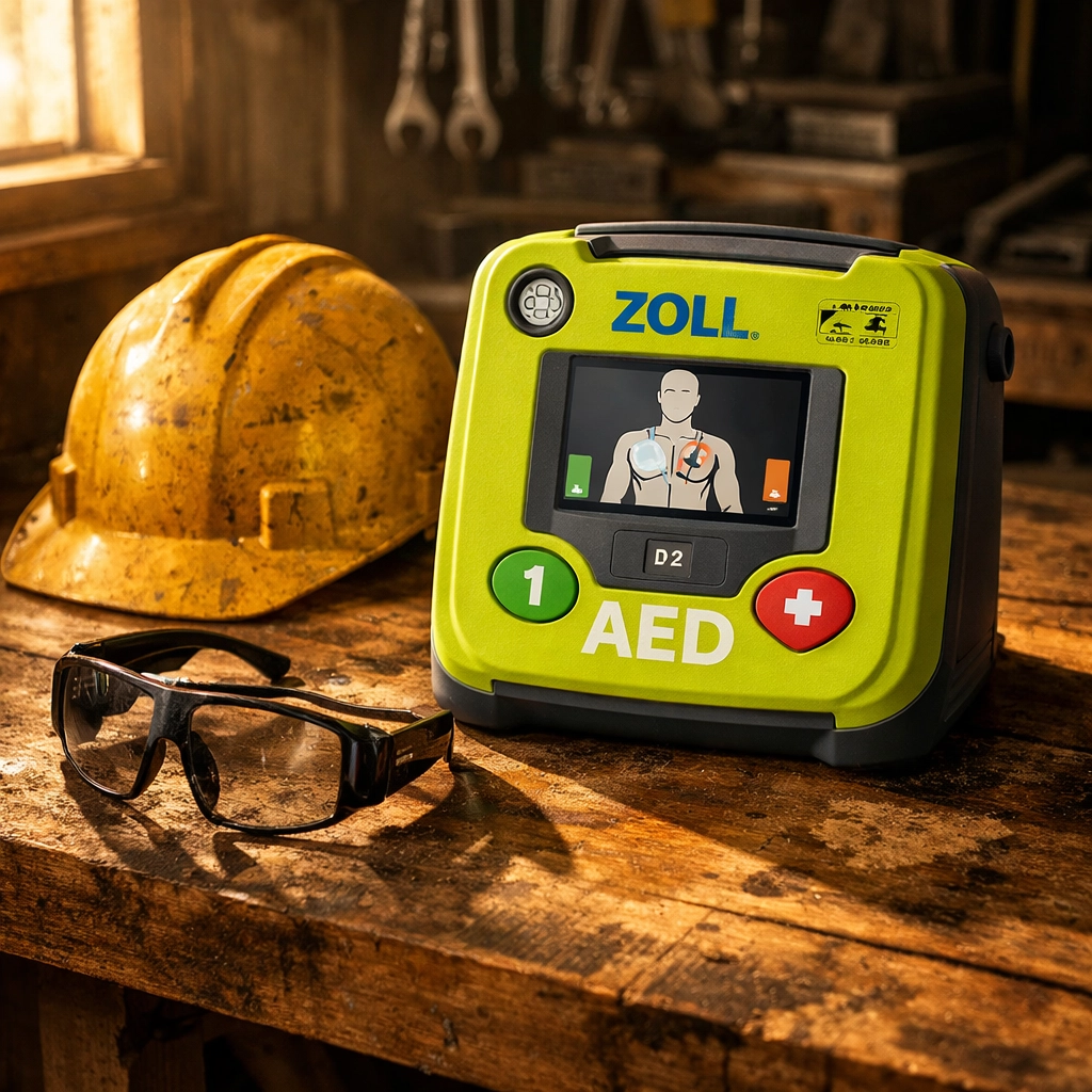 ZOLL AED unit on an industrial workbench next to a yellow hard hat for jobsite safety.