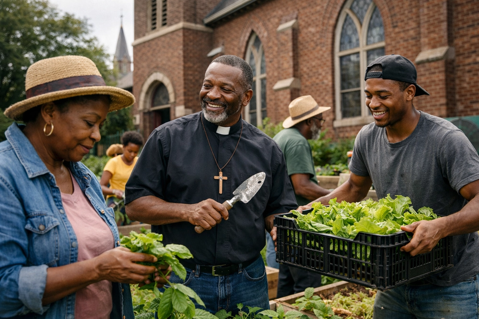 Community volunteers at a church urban farm promoting sustainable community economics and food access.