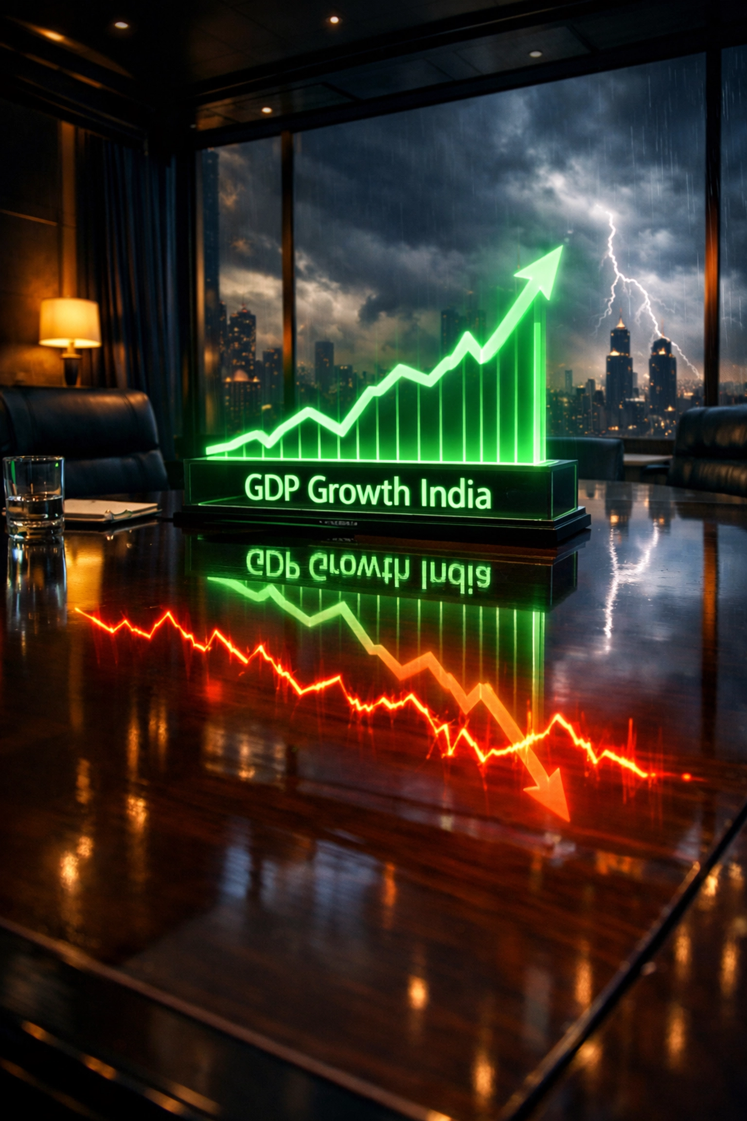 Deceptive GDP Growth India chart in a Mumbai boardroom reflecting a warning red line on a mahogany table.