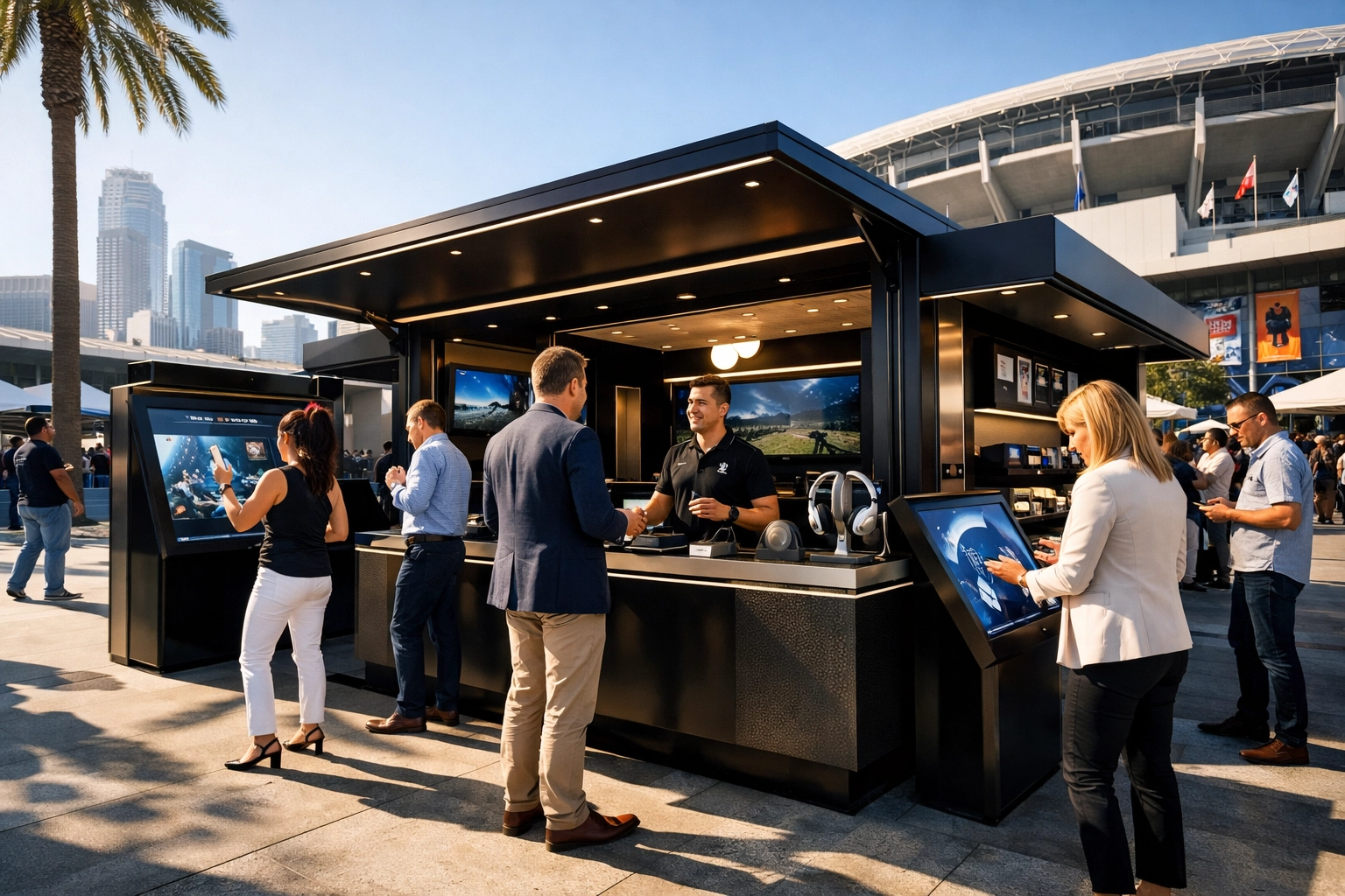 Fans interacting with a mobile brand activation unit near a sports stadium for Super Bowl 2026 engagement.