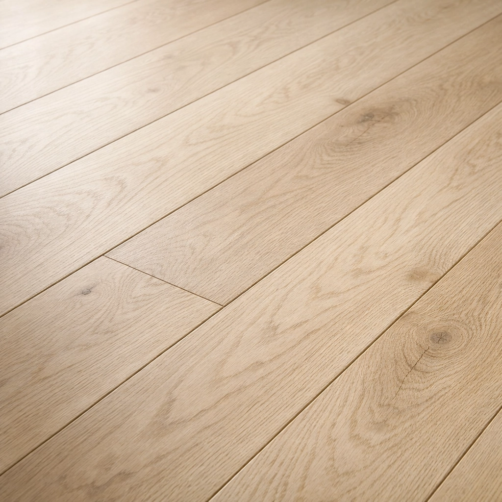FSC-certified wide-plank oak flooring with a non-toxic matte finish for a healthy home.